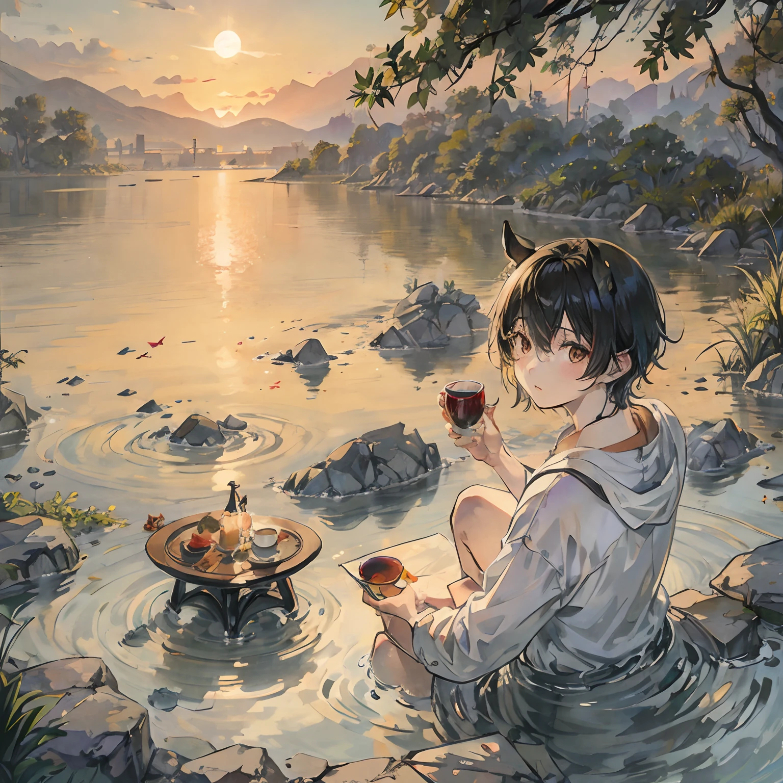 tea、Kaneki rhinoceros、goldfish、the setting sun、the morning sun、glass、glass、natural、dew