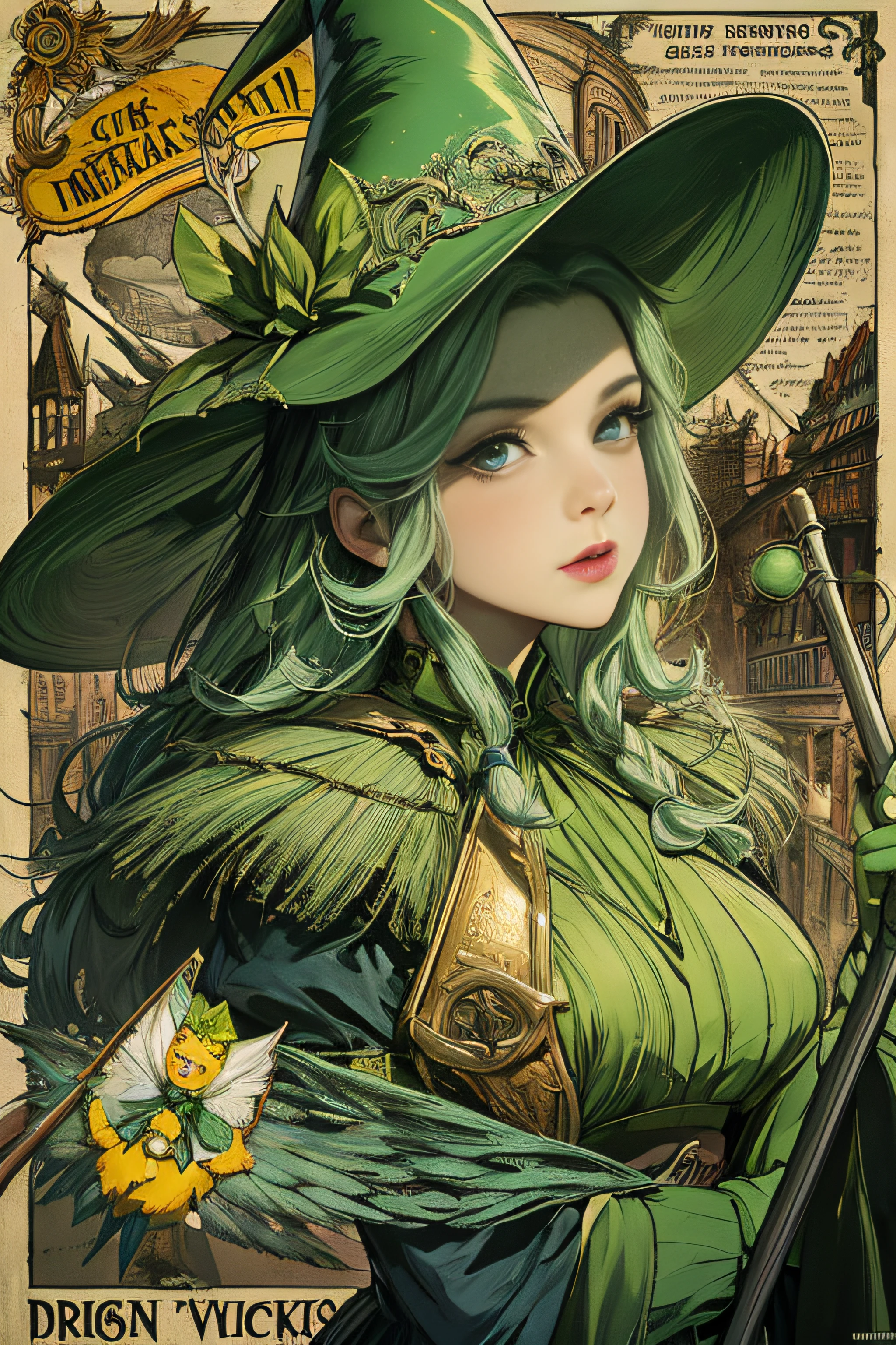 (Masterpiece, Best Quality), 8k Wallpaper, highly detailed, poster, The Wizard of Oz, The Wicked Witch, sexy, erotic, green skin, flying broomstick, shapes, lines, abstract, propaganda, fantasy film, bauhaus, movie poster, vintage, low-angle shot, collage,