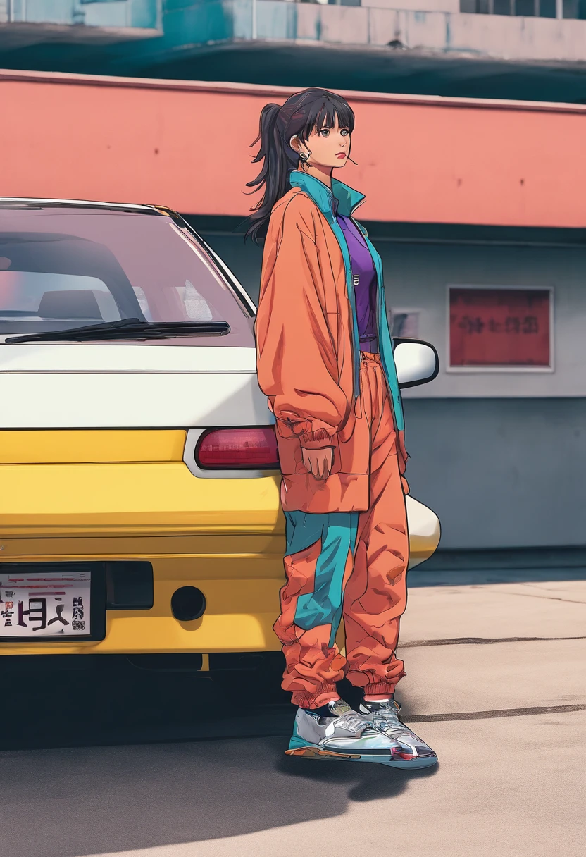 arafed woman leaning on a car in a parking garage, takata yamamoto style, jackie tsai style, set in tokyo bank parking lot, 90's color photo, 90s japan, profile pic, tsubasa nakai's style, 90’s photography, 90's photo, in a modified nissan skyline r34, y2k style