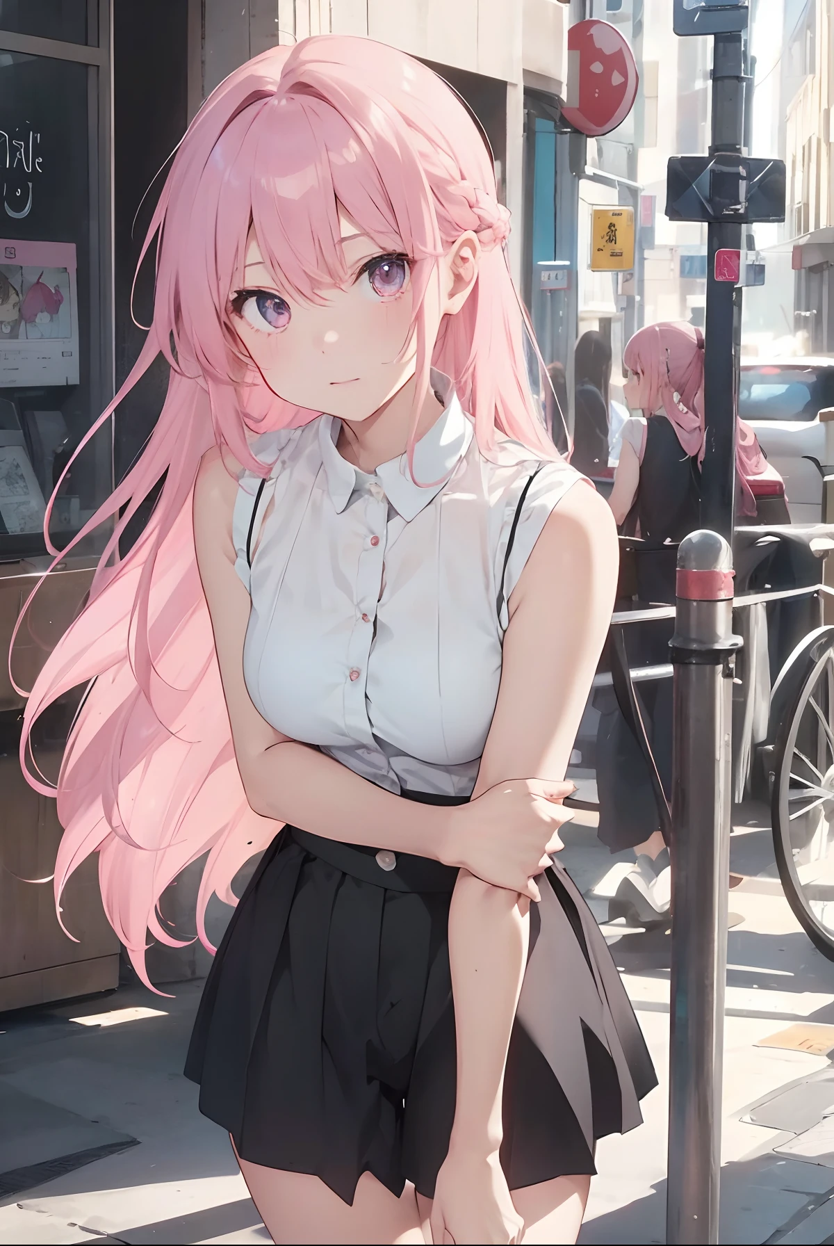 （（mideum breasts、tomgirl、Head））、（the perfect body：1.1）、（hair wavy：1.2）、(Pink hair)、(Very long hair)、(Twin-tailed)、reddish brown、collars、chain、FULL BODYSHOT、Crowded city、Black tank top、jean jacket、（Shorts）、（Very elaborate CG 8K wallpapers）、（extremely delicate and beautiful）、（​masterpiece）、（top-quality）:1.0)、(超A high resolution:1.0)、beautiful  lighting、perfect lightning bolt、realistic shadow、[hight resolution]、detailed skins、ultra-detailliert ((colourfull))