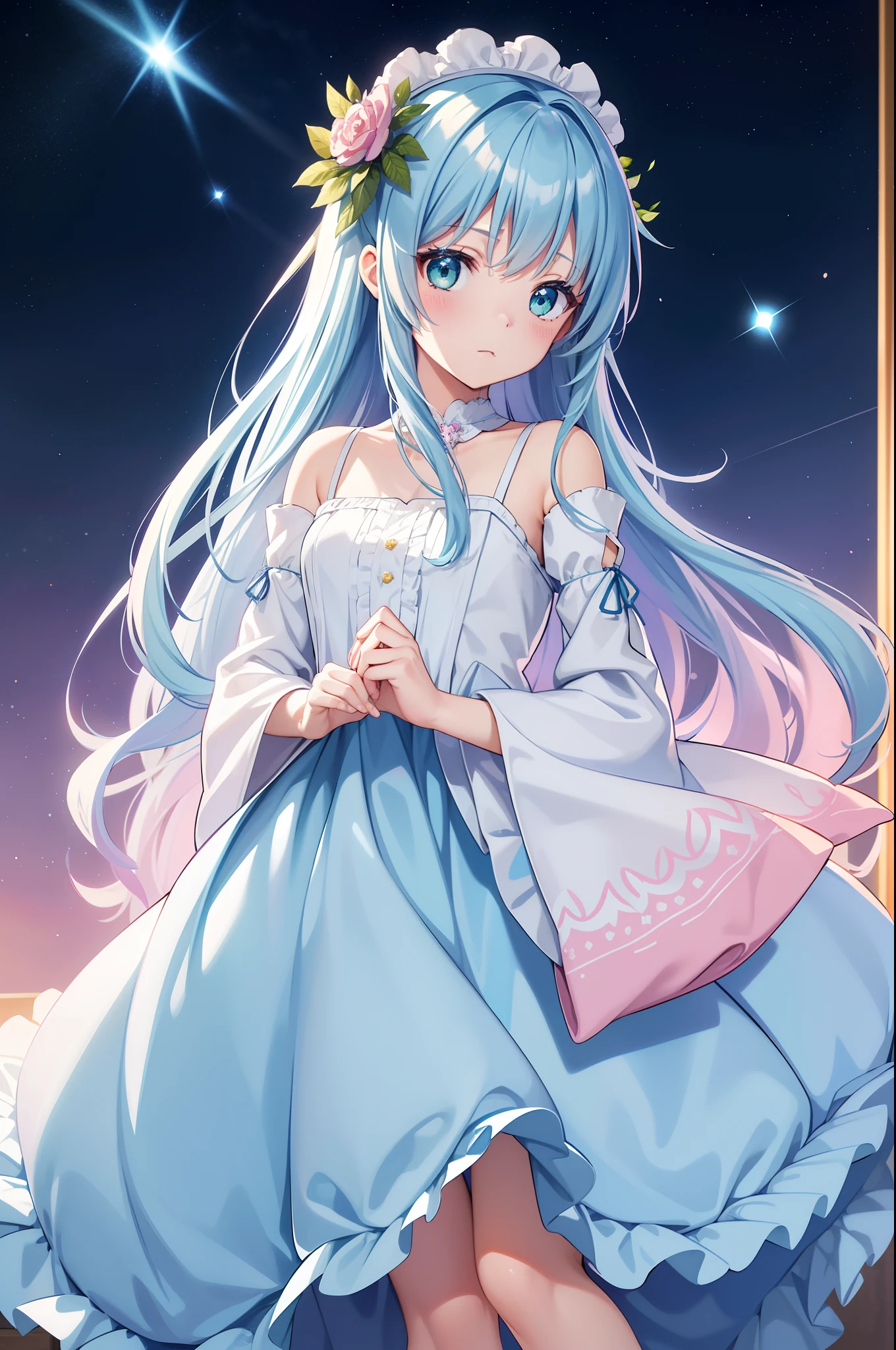 1 girl in、Long blue hair、Twin-tailed、Green eyes、Drawn from a specific angle、Looking at the camera、delicate finger、beautiful ilumination、Fluffy pink and white dress、Fluffy、Background with Stars are shining in the night sky(High resolution of the highest quality)、((Masterpieces of the highest quality:1.2))