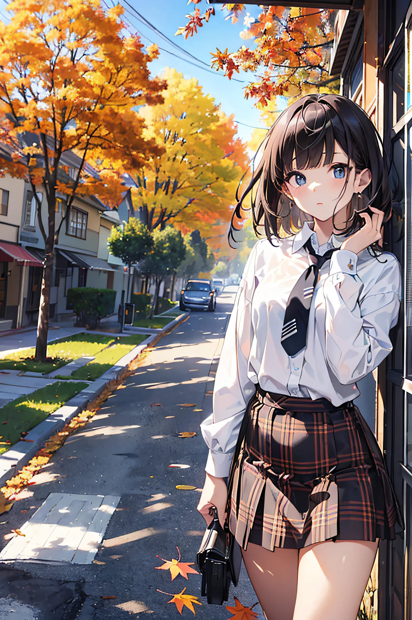(top-quality、in 8K、32K、masterpiece、nffsw、超A high resolution、Impresionismo、Photorealsitic:1.2)、cowboy shot、foco nítido、detailed faces and eyes、(Man Walking Down a Tree-Lined Avenue々Group of, october, during autumn, in autumn, Golden Autumn, golden leaves, autumn season, trending photo, november, autum, beautiful image, beautiful aesthetic, Autumn, autumn season, beautiful day, in autumn, !!Beautiful!!)、Sharp pupils、Realistic pupils、beauitful face、18 year old beautiful girl、shinny skin、Bery short hair、Beautiful dark brown hair、Blunt bangs、Dark blue eyes、Shirt、neck tie、Plaid miniskirt、Black socks、(Have a skirt、Lifting skirt、I can see the white panties:1.3)、(Embarrassed look:1.2)、Mel Kishida