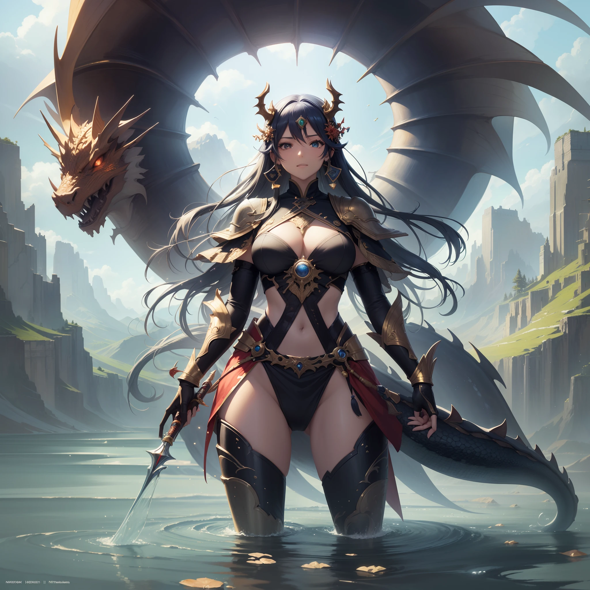 ((Finest quality)),(超A high resolution),(ultra-detailliert),((Best Anime)),sharpnes,Vivid:1.1,The art of astounding depiction,Fantasyart,Fantastic background,Sunlight, (Female Shaman),Big lake,The dragon,Suspended light particles