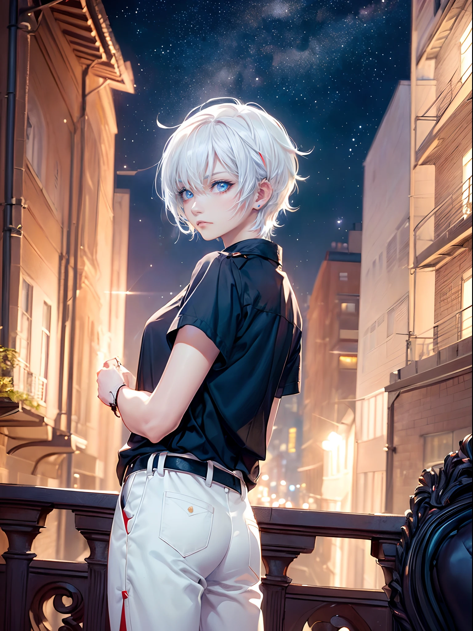 ((4K works))、​masterpiece、(top-quality)、One Beautiful Boy、Slim body、tall、((Black Y-shirt and white pants、Charming knight style))、(Detailed beautiful eyes)、Stylish English black balcony、Castle inhabited by villains、Balcony at night、((Starry sky in the background))、((dark sky))、((Fashionable city scenery at midnight))、((Standing on a stylish balcony and shooting))、mid night、((Face similar to Carly Rae Jepsen))、((Short-haired white hair))、((Smaller face))、((Neutral face))、((Bright blue eyes))、((American adult male))、((Adult male 26 years old))、((Cool Men))、((Like a celebrity))、((Angry look))、((Korean Makeup))、((elongated and sharp eyes))、((Happy dating))、((boyish))、((Upper body photography))、Professional Photos、((Shot alone))、((shot from back))、((Shot so that the back of the head is visible))、((Shot in close proximity to him))、((Focus zoom in))、((He is looking at the starry sky))、((He standing on the balcony))