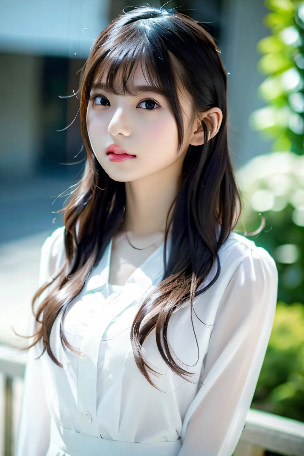 best quality, white skin, real human skin, (detailed fac), oval face, pores, ultra high res, (8k, RAW photo, photorealistic:1.4), 1girl, slim, (looking at viewer with a serene and goddess-like happiness:1.2), ( lipgloss, eyelashes, gloss-face, best quality, ultra highres, Broad lighting, natural shading), oversized jacket, fashion shirt, cityscape,