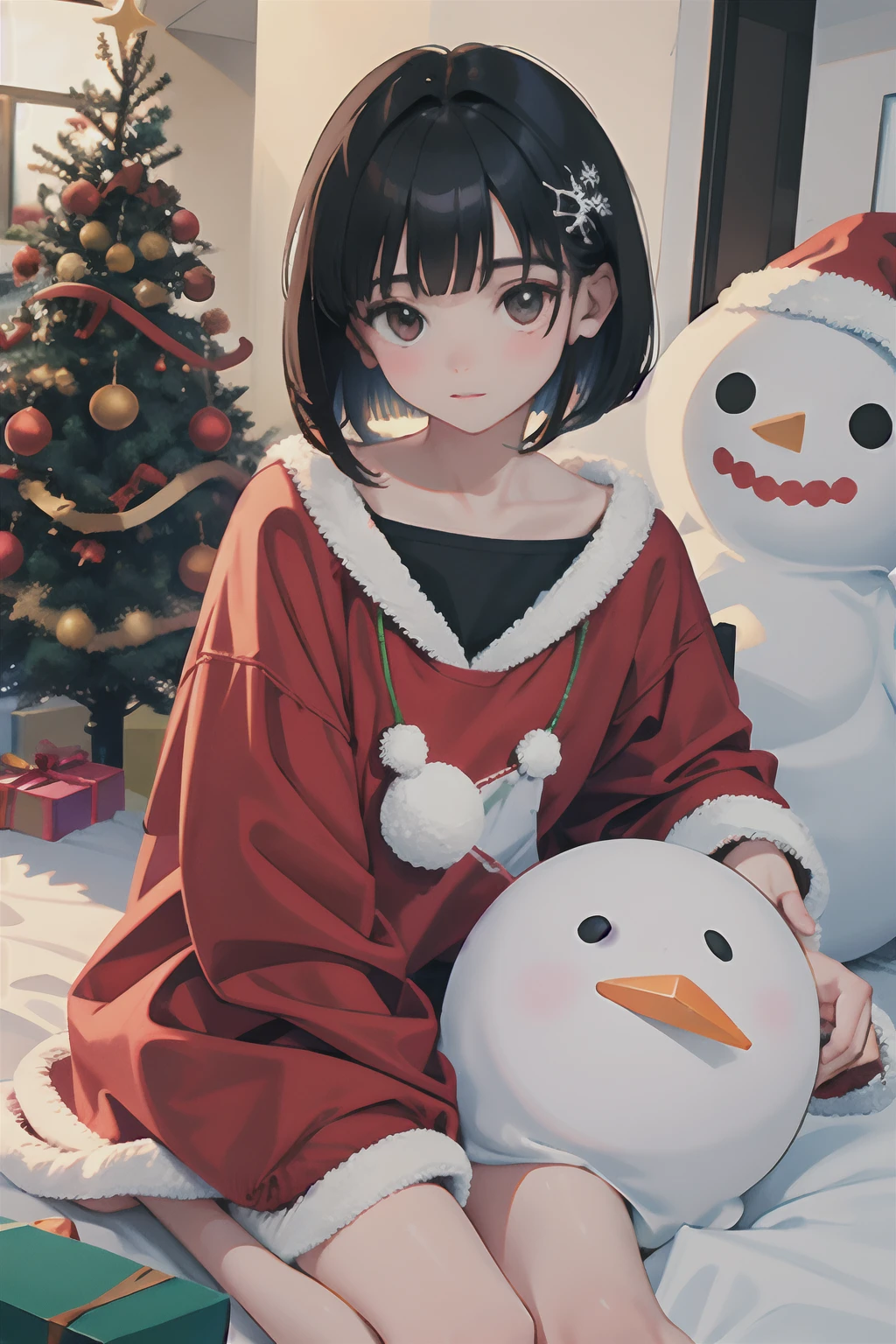 ，Christmas，A dark-haired，Medium bob，Snowman