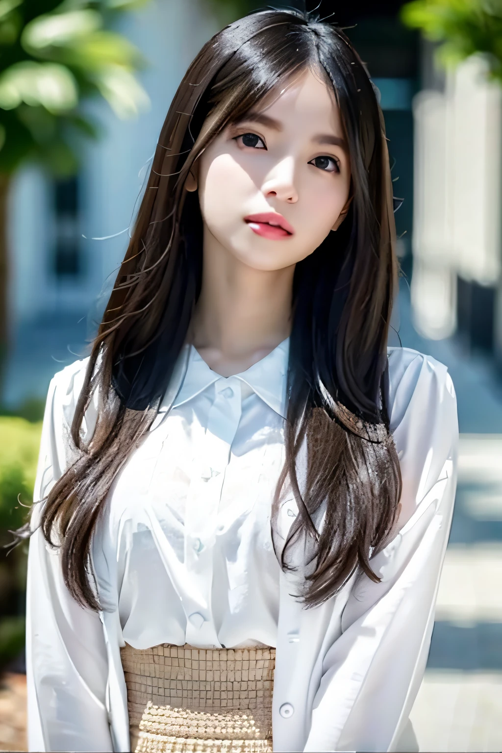 best quality, white skin, real human skin, (detailed fac), oval face, pores, ultra high res, (8k, RAW photo, photorealistic:1.4), 1girl, slim, (looking at viewer with a serene and goddess-like happiness:1.2), ( lipgloss, eyelashes, gloss-face, best quality, ultra highres, Broad lighting, natural shading), oversized jacket, fashion shirt, cityscape,
