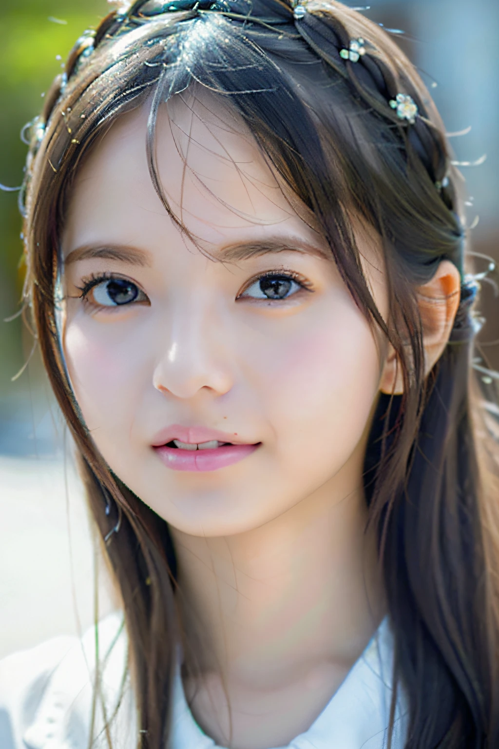 best quality, white skin, real human skin, (detailed fac), oval face, pores, ultra high res, (8k, RAW photo, photorealistic:1.4), 1girl, slim, (looking at viewer with a serene and goddess-like happiness:1.2), ( lipgloss, eyelashes, gloss-face, best quality, ultra highres, Broad lighting, natural shading), oversized jacket, fashion shirt, cityscape,