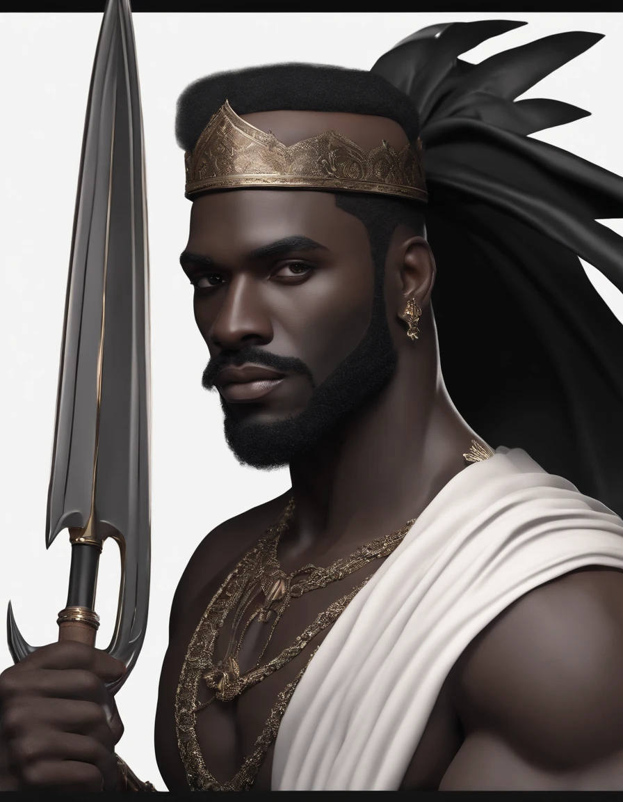 dark-skinned man, strong and expressive look, arched eyebrows, wearing a black top hat, long sideburns, triangular goatee, wearing a black cape, shirtless, holding a trident, ultra detailed, ultra realistic, 8k