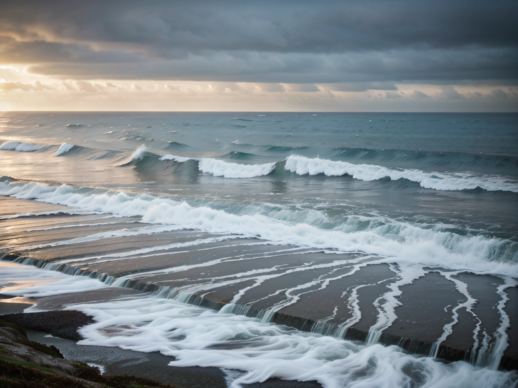 Ocean Mist: A coastal scene with rain over the ocean, the mist adding an ethereal quality to the seascape.