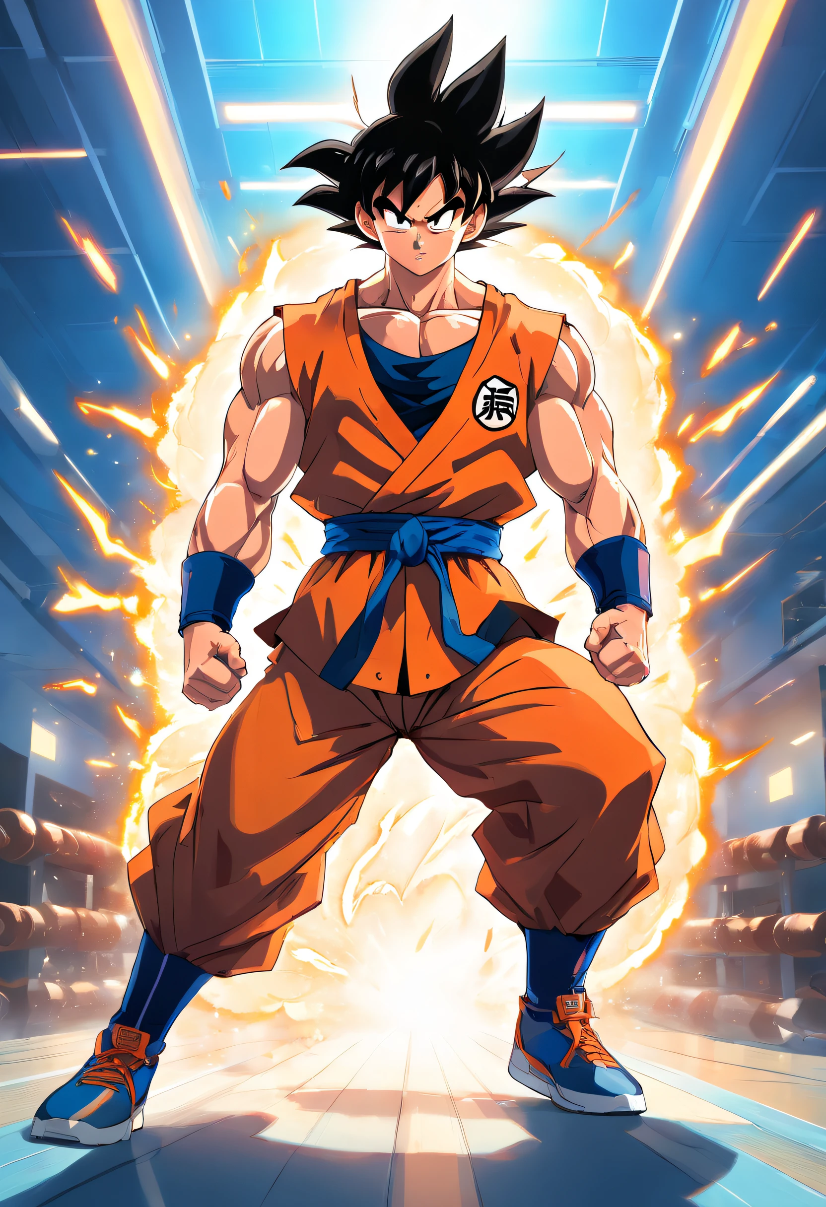 (gym scene) Goku powering up at the gym, intense training, muscular physique, sweat dripping, focused expression, flexing muscles, bulging biceps, ripped abs, heavyweights, vibrant energy, explosive power, dynamic movement, determination, passionate training, adrenaline rush, Super Saiyan aura, bright colors, vibrant atmosphere, gymscape, energy beams, intense workout, pushing limits, training montage, training like a warrior, peak physical condition, muscular definition, high-intensity training, sculpted physique, epic transformation, grit and determination, iconic pose, fiery energy, fierce determination, gym warrior, sculpting the perfect body, superhuman strength, pushing beyond limits, weightlifting mastery, incredible stamina, Goku's unstoppable spirit, the journey to greatness, boundless potential.