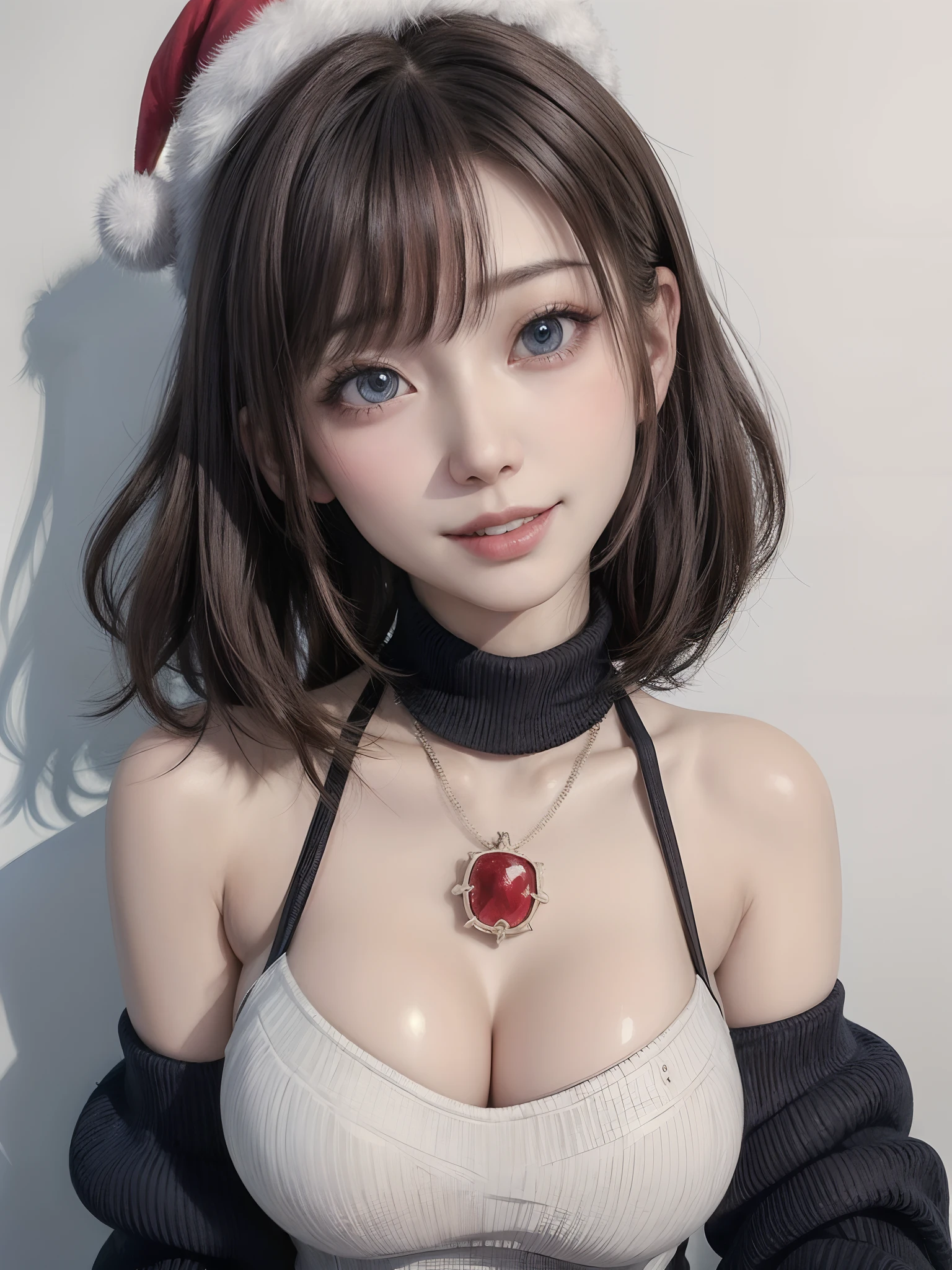 (masutepiece,:1.4 Best Quality:1.4、Very attractive adult beauty:1.4、Add intense highlights to the eyes:1.4、Look firmly at the camera、Beautiful woman full of adult charm:1.4),1girl in, 独奏, Light brown shiny hair, muffler,Santa Claus hat,realisitic, looking at the viewers, Bright colored crystal light blue eyes, short shiny hair, Santa Claus Color Star Neck Knit、 Santa Claus costume with turtleneck with a hole in the center of the chest:1.4,Sexy red and white turtleneck knit sweater with round hole in the center of chest:1.4、 s lips, lipgloss，bangss, The upper part of the body、big eye、Lashes、The face is a little red、Embarrassing)、((Road system in Italy in winter))、((Shorthair with bangs、big eye、Put very strong highlights in your students、{Gigantic|Big|Huge|Mega} breasts、very Bigger breasts、gazing at viewer、Very beautiful beauty、Put your ears out、long neck、little smiling、Beautiful teeth、Open your mouth and smile))、28 year old、Very cute supermodel:1.4、