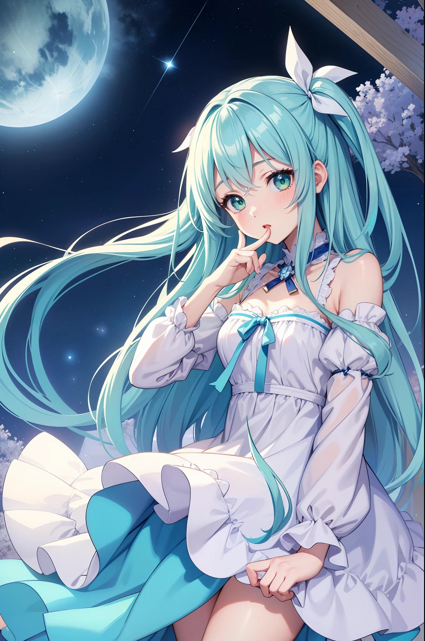 1 girl in、Long blue hair、Twin-tailed、Green eyes、Drawn from a specific angle、Looking at the camera、delicate finger、beautiful ilumination、Fluffy pink and white dress、Fluffy、Background with Stars are shining in the night sky(High resolution of the highest quality)、((Masterpieces of the highest quality:1.2))