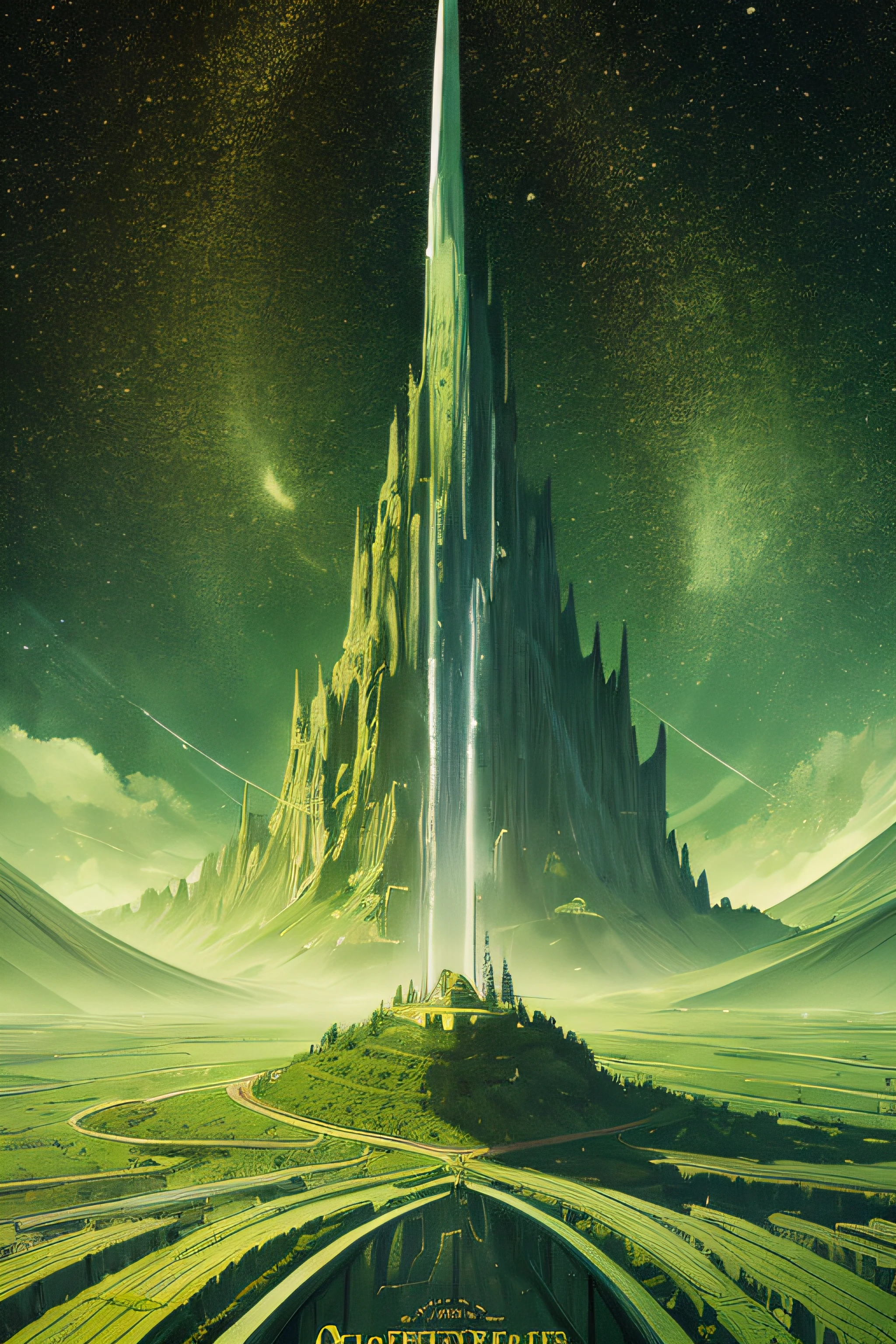 (Masterpiece, Best Quality), 8k Wallpaper, highly detailed, poster, The Wizard of Oz, Oz the Great and Powerful Wizard, green skin, flying broomstick, shapes, lines, abstract, propaganda, fantasy film, bauhaus, movie poster, vintage, low-angle shot,