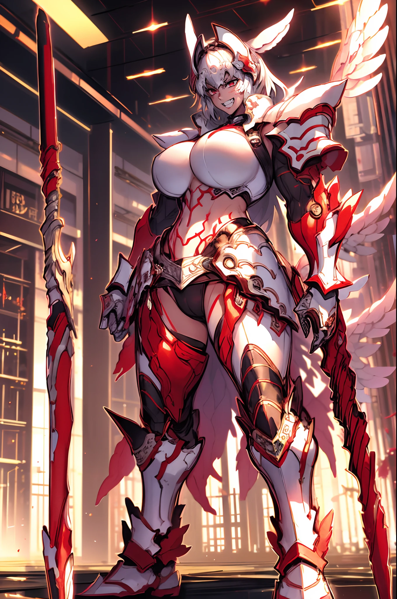 4k, highly detailed, anime style, HDR, subsurface scattering, in a temple, temple being destroyed, Greek temple on fire background, (masterpiece, best quality:1.2), caenis,( fgo stage 3), 1girl, big breasts, looking at fires, smile, short hair, white hair, bangs, red eyes, animal ears, open clothes, hairband, grin, (gold armor), body markings, white nails, epic scene, tall girl,full body, darskinned-female, crazy smile, staff holding, standing, musclegirl, forest