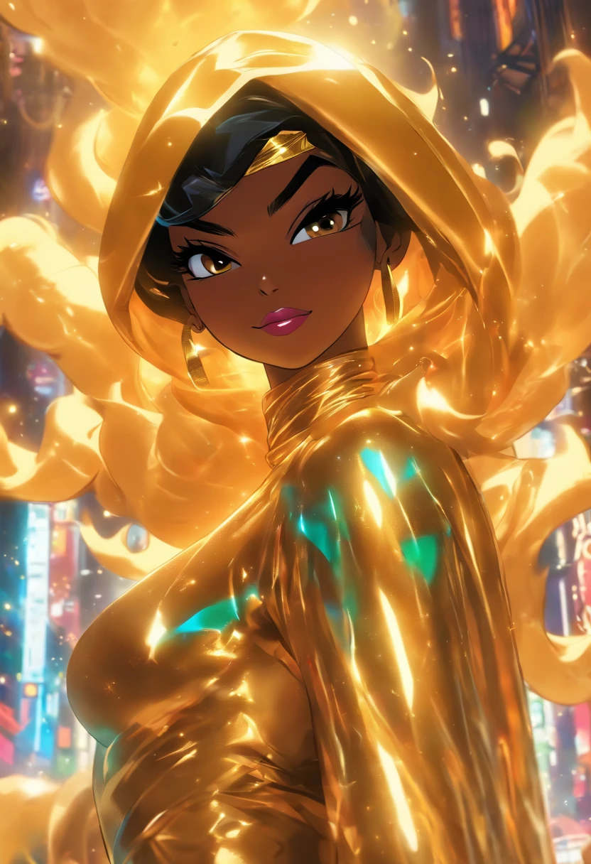 shiny, glamour shot of, bulbous, fluffy Arabian female with dark brown skin and black hair under a hijab and abaya wearing gold latex bodycon underneath, in the style of vibrant & explosive, romanticized figure, hip hop aesthetic, playfully intricate, 32k uhd, androgynous, thick paint, artgerm, nobuo sekine, joe madureira, rtx on, smooth and shiny, bulbous, transparent/translucent medium, epic in background