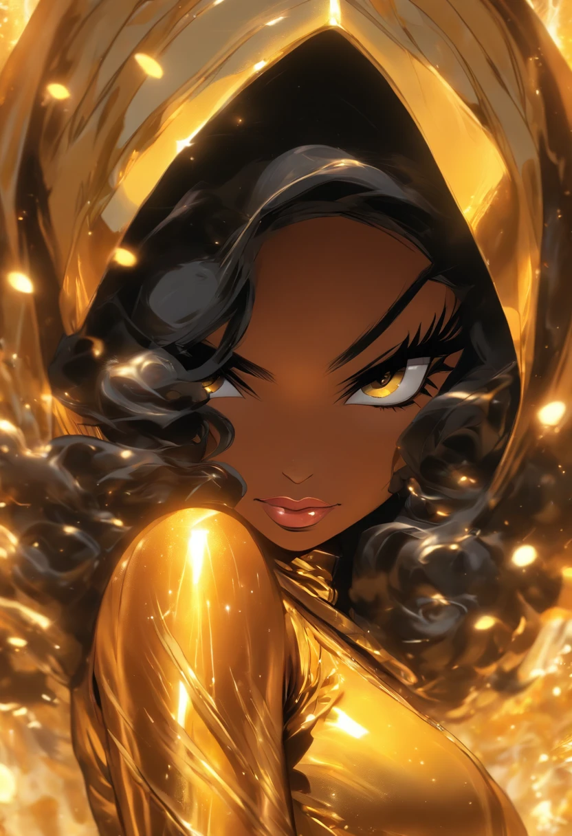 shiny, glamour shot of, bulbous, fluffy Arabian female with dark brown skin and black hair under a hijab and abaya wearing gold latex bodycon underneath, in the style of vibrant & explosive, romanticized figure, hip hop aesthetic, playfully intricate, 32k uhd, androgynous, thick paint, artgerm, nobuo sekine, joe madureira, rtx on, smooth and shiny, bulbous, transparent/translucent medium, epic in background