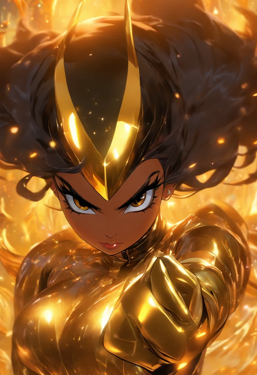 shiny, glamour shot of, bulbous, fluffy Arabian female with dark brown skin and black hair under a hijab and abaya wearing gold latex bodycon underneath, in the style of vibrant & explosive, romanticized figure, hip hop aesthetic, playfully intricate, 32k uhd, androgynous, thick paint, artgerm, nobuo sekine, joe madureira, rtx on, smooth and shiny, bulbous, transparent/translucent medium, epic in background