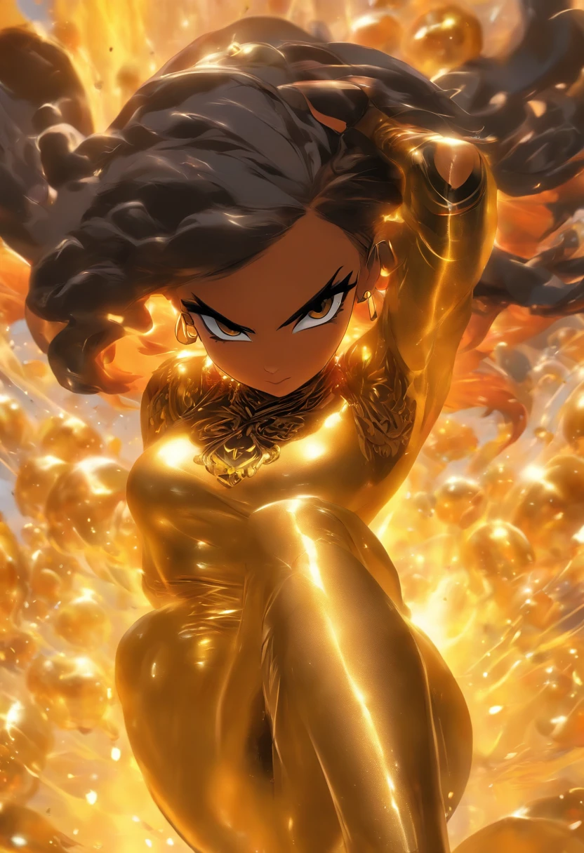 shiny, glamour shot of, bulbous, fluffy Arabian female with dark brown skin and black hair under a hijab and abaya wearing gold latex bodycon underneath, in the style of vibrant & explosive, romanticized figure, hip hop aesthetic, playfully intricate, 32k uhd, androgynous, thick paint, artgerm, nobuo sekine, joe madureira, rtx on, smooth and shiny, bulbous, transparent/translucent medium, epic in background