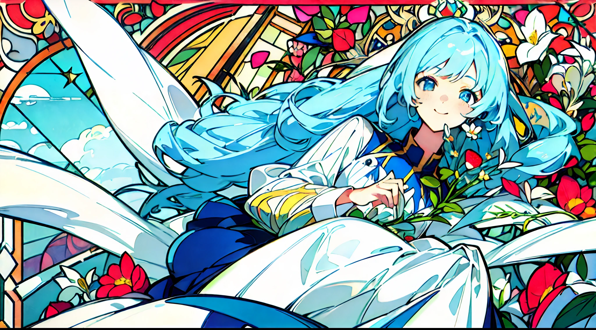 (The skin is not exposed, Voluminous long-sleeved dresses), (Solo), Very cute girl (1), Colorful flowers on strawberry background, Large stained glass windows、sunlight shining through, ((Shiny blue super long hair,  Tied hair )), (Super smile), Dynamism, (Blue eyes),  (Detail Objects)