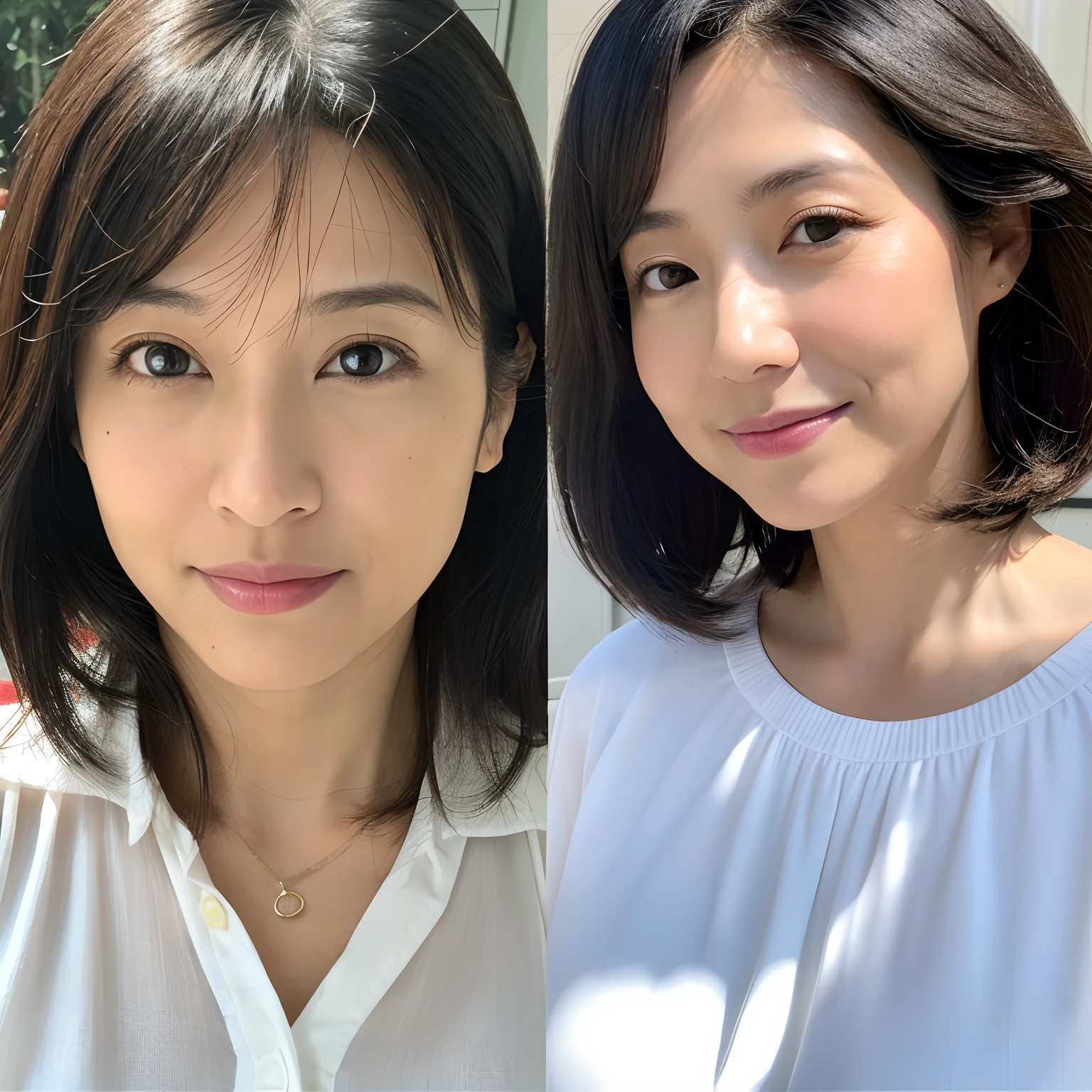 top-quality、超A high resolution、(Photorealsitic:1.4)the real thing、realisitic、 Female in her 40s, light skinned、A MILF、Black hair, Bob Hair, mole under right eye, Big Tits Japan、White blouse