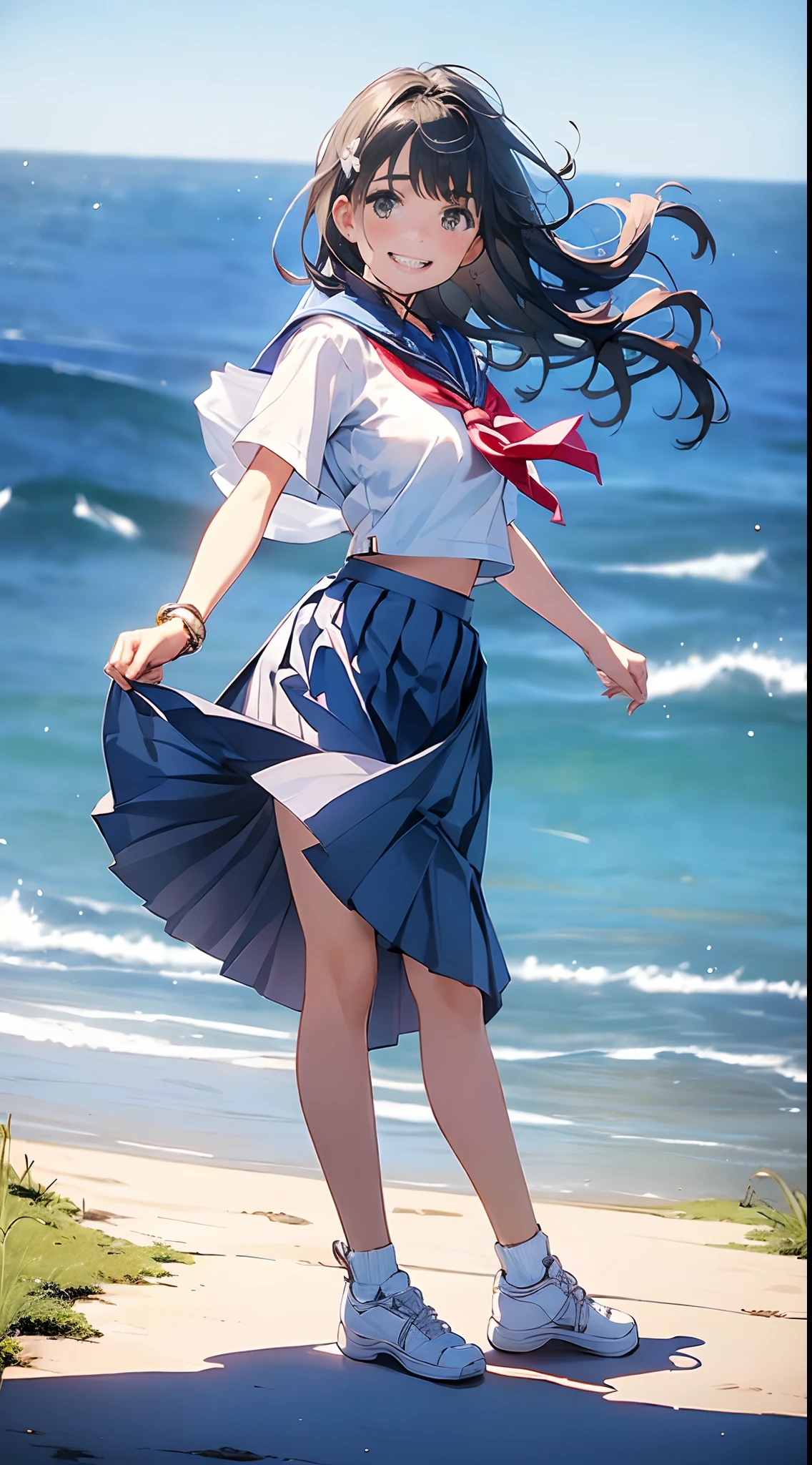 1womanl, ,((a sailor suit)),Beautiful breasts,,well-styled,,(Facing the front)(((Natural smile)),(((The skirt is rolled up by the wind))),Satin Narico,,
