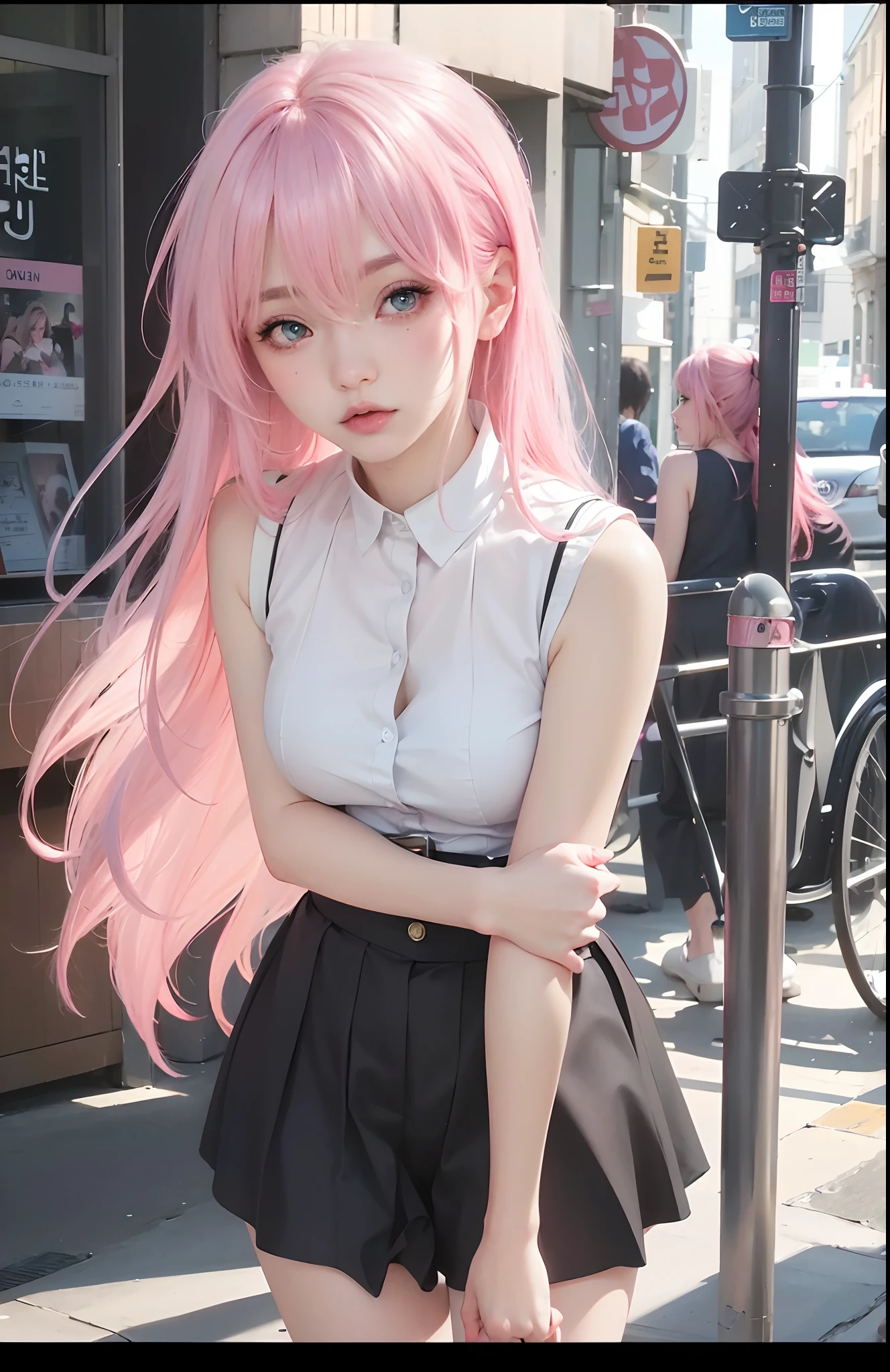 Girl posing for photo, full body, slim body, small bust, slim girl model, 20 year old female model, cute, perfect, high image quality, Japan city background, beautiful eyes, cosplay, beautiful nose, smile, (upper body: 1.3), (RAW photo, best quality, masterpiece: 1.2), (realistic, photorealistic: 1.37), twin tail hairstyle, blonde, pink hair, Evangelion Cosplay, Comic Market