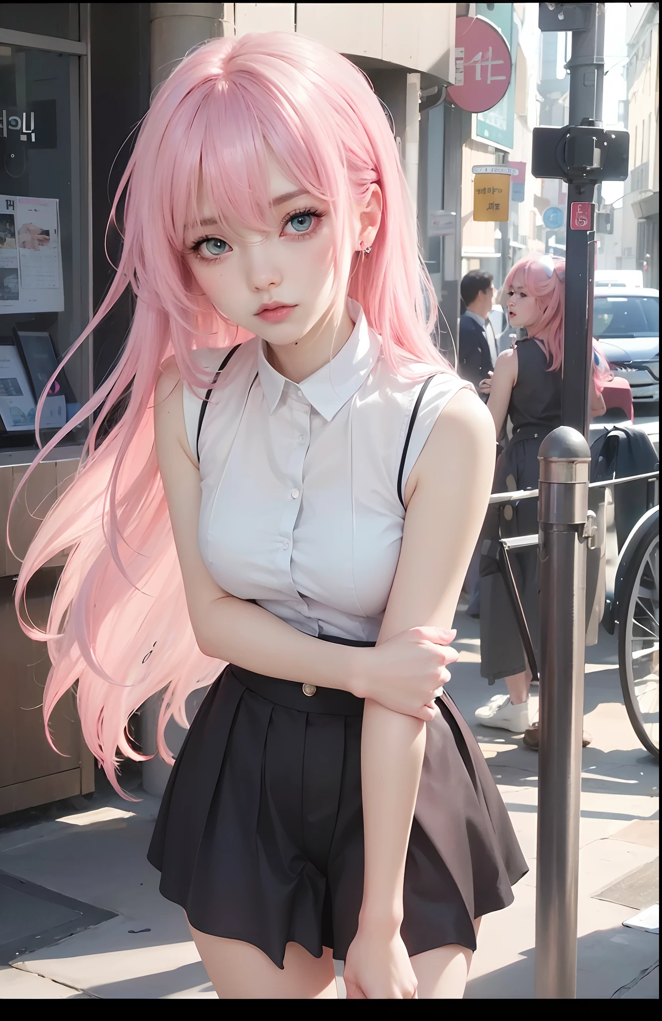 best quality, ultra high res, (photorealistic:1.4), 8k resolution, girl, (pink hair:1.3) , realistic blue eyes, (realistic hair:1.2), (Korean girl:1.2), (realistic eyes:1.2), (beauty face:1.3), perfect body, white pale skin, small breast, cleavage, , (eyes looked up:1.3), petite , Sports bikini, flat chest