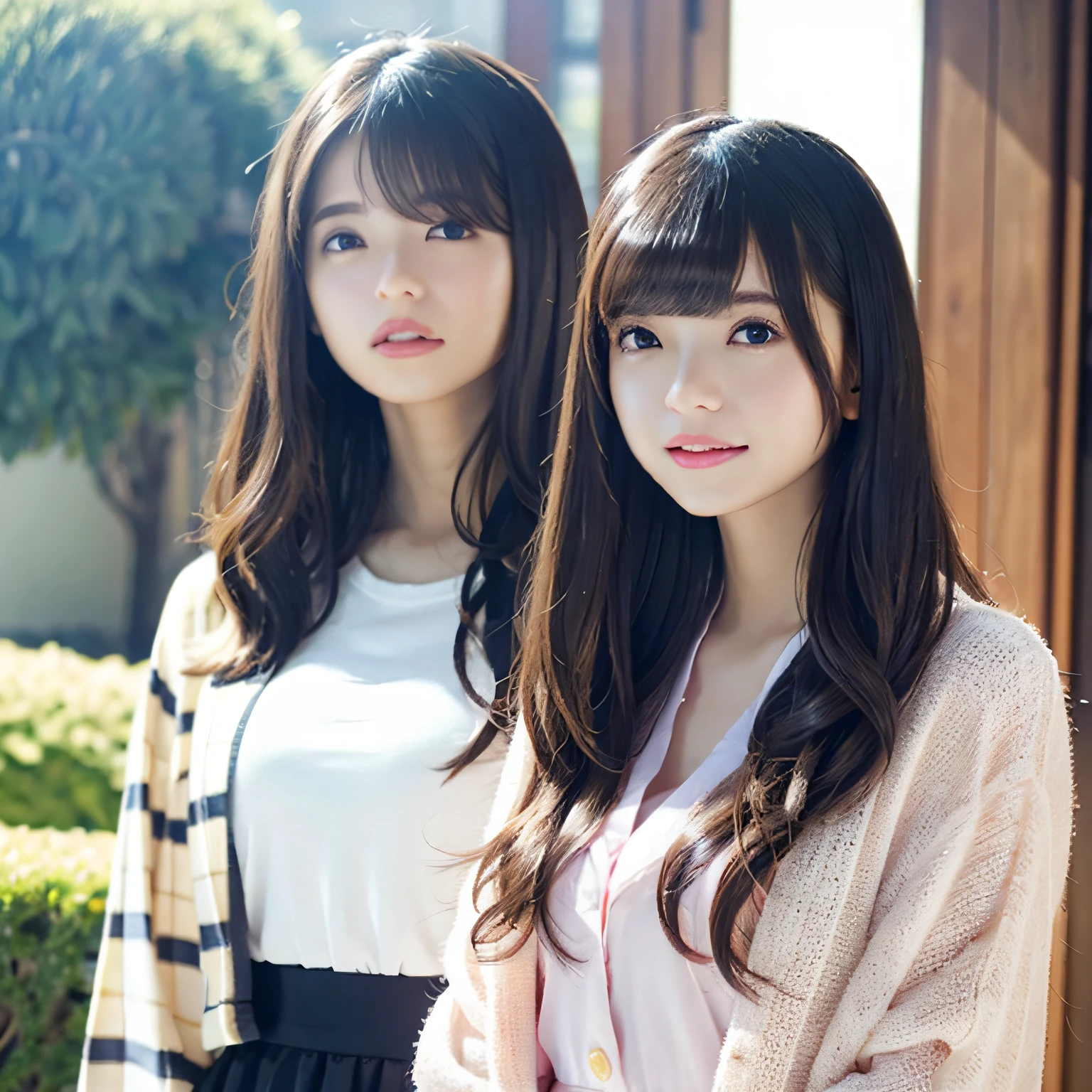 great laughter、top-quality、de pele branca、Real Human Skin、bob cuts、（Detailed）、oval-face、pores、超A high resolution、（8K、Raw photography、Photorealsitic：1.4）、2 girls in、Slimed、（A person who sees with calm and goddess-like eyes）Happiness:1.2)、(lipgloss、Eye lashes、Gloss Face、top-quality、超A high resolution、Wide range of lighting、Natural Shading)、oversize jacket、Fashion Shirts、Cityscape、