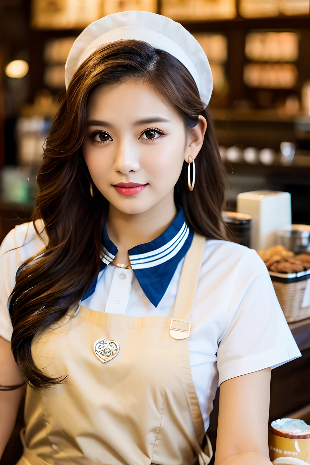 Works of masters,超高分辨率,8K分辨率,depth of fields,Exquisite facial features,Glowing skin,Girl,solo person,Barista,Watery eyes,Glowing eyes,ssmile,long whitr hair,A brown-haired,Wave head,heart-shaped hair ornament,Bracelet,Collar,hoop earings,Workplace uniforms,aprons,Fast food uniforms,Facing the viewer,Holding a mug,coffeehouse,Cinematic lighting