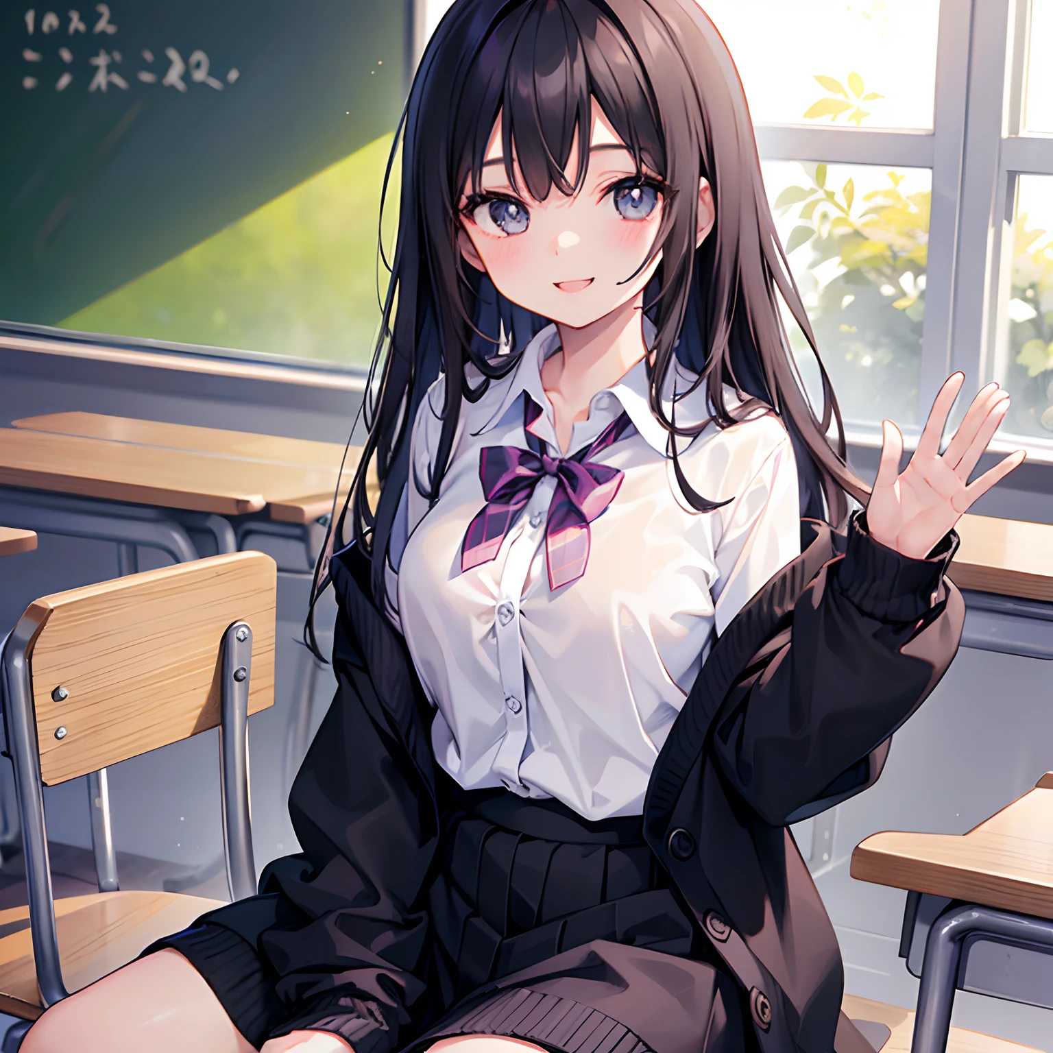girl with、1 persons、18year old、Dark hair、Black eyes、length hair、A smile、huge smile、Smaller chest、Pupils、校服、Cardigan、Classroom、sit a chair、one hand waving