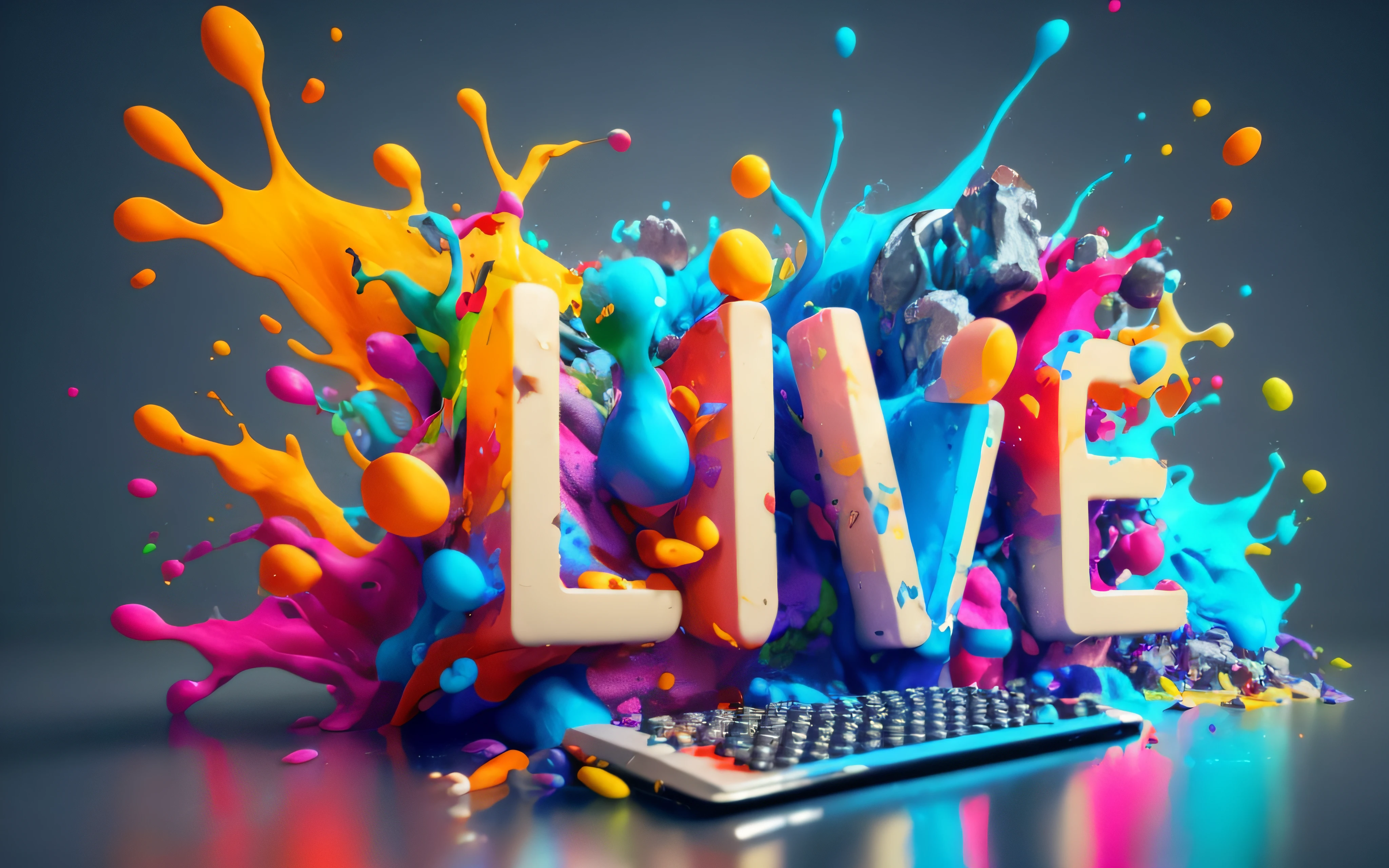 um close up de um teclado com respingos de tinta coloridos ao redor dele, cores vivas, cinema 4d render colorido, livestream, colorful vivid octane render, Cinema 4 d arte, arte digital colorida, colorful octane render, 3d arte digital 4k, Symbols of living, Imagens ao vivo, pintura digital colorida, viver, pintura digital vibrante, salpicos de cor