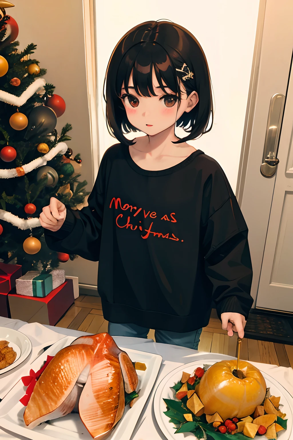 child，Christmas，A dark-haired，Medium bob，Roast turkey