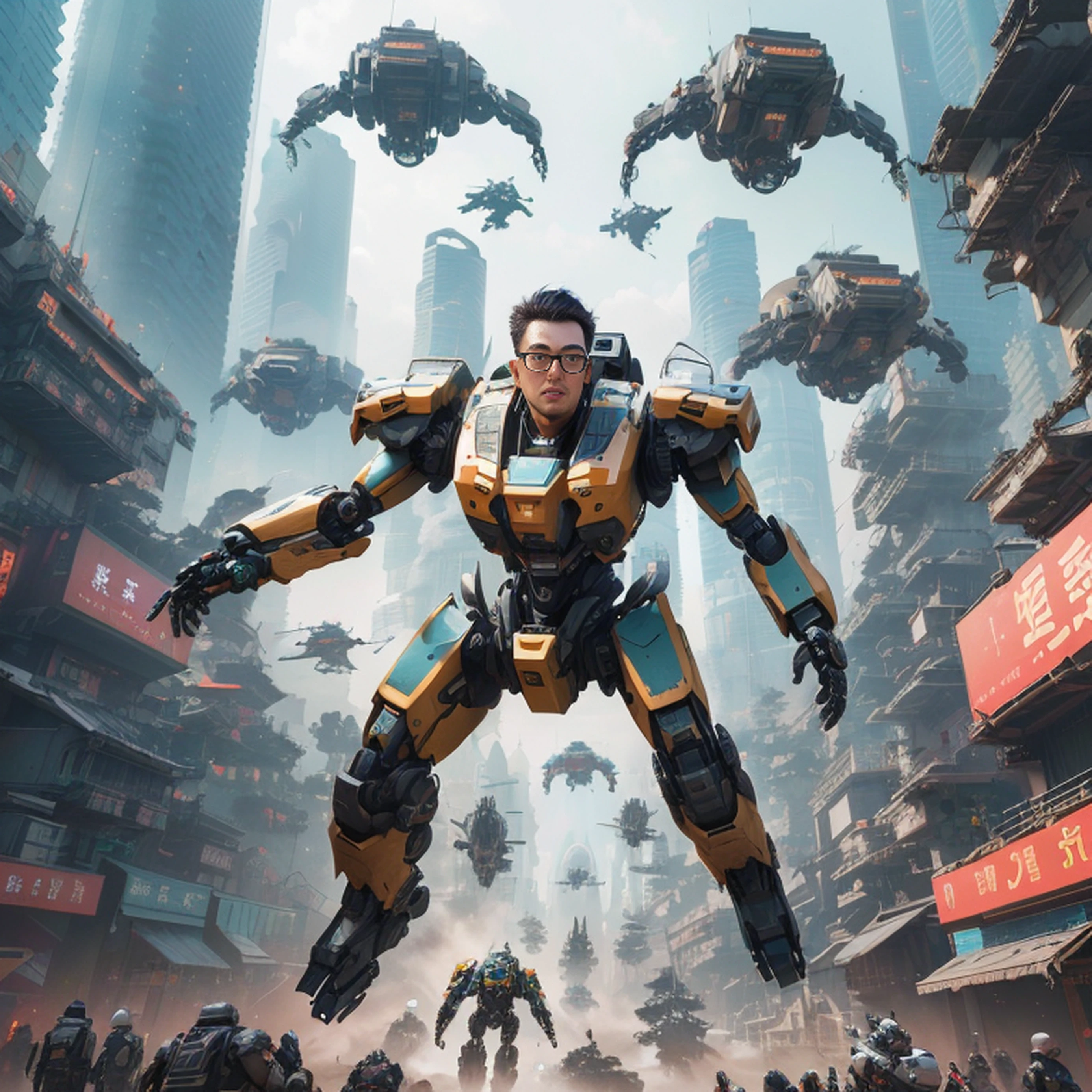 There is a man in a robot suit flying through the air, 3 D rendering character art 8 K, wojtek fus, cgartists, trending on artstation 4k, Ross Tran 8 K, cyberpunk art ultrarealistic 8k, Cinematic. author:leng jun, army of big robots, 3 d render beeple, cgsociety and fenghua zhong