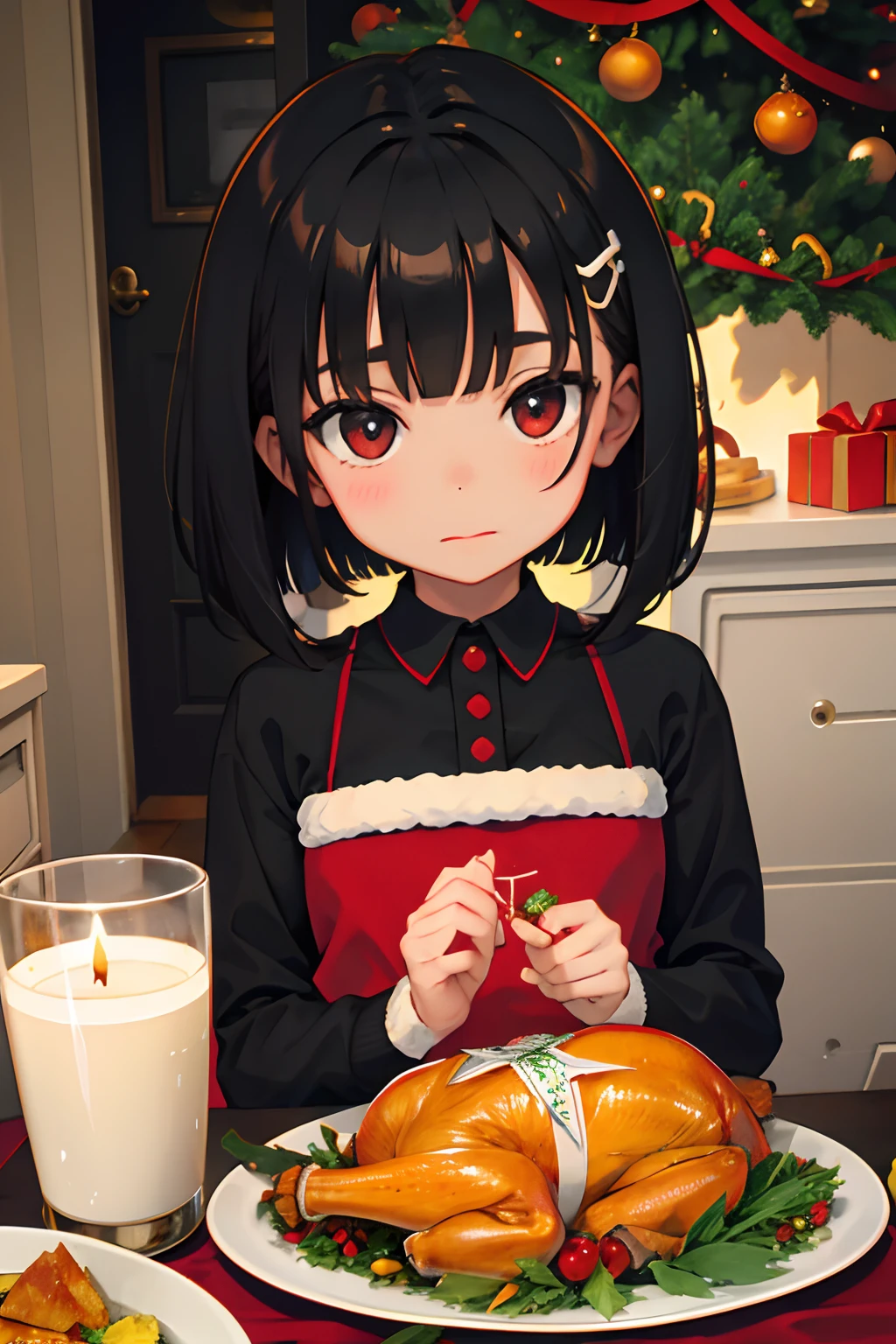 ，Christmas，A dark-haired，Medium bob，Roast turkey