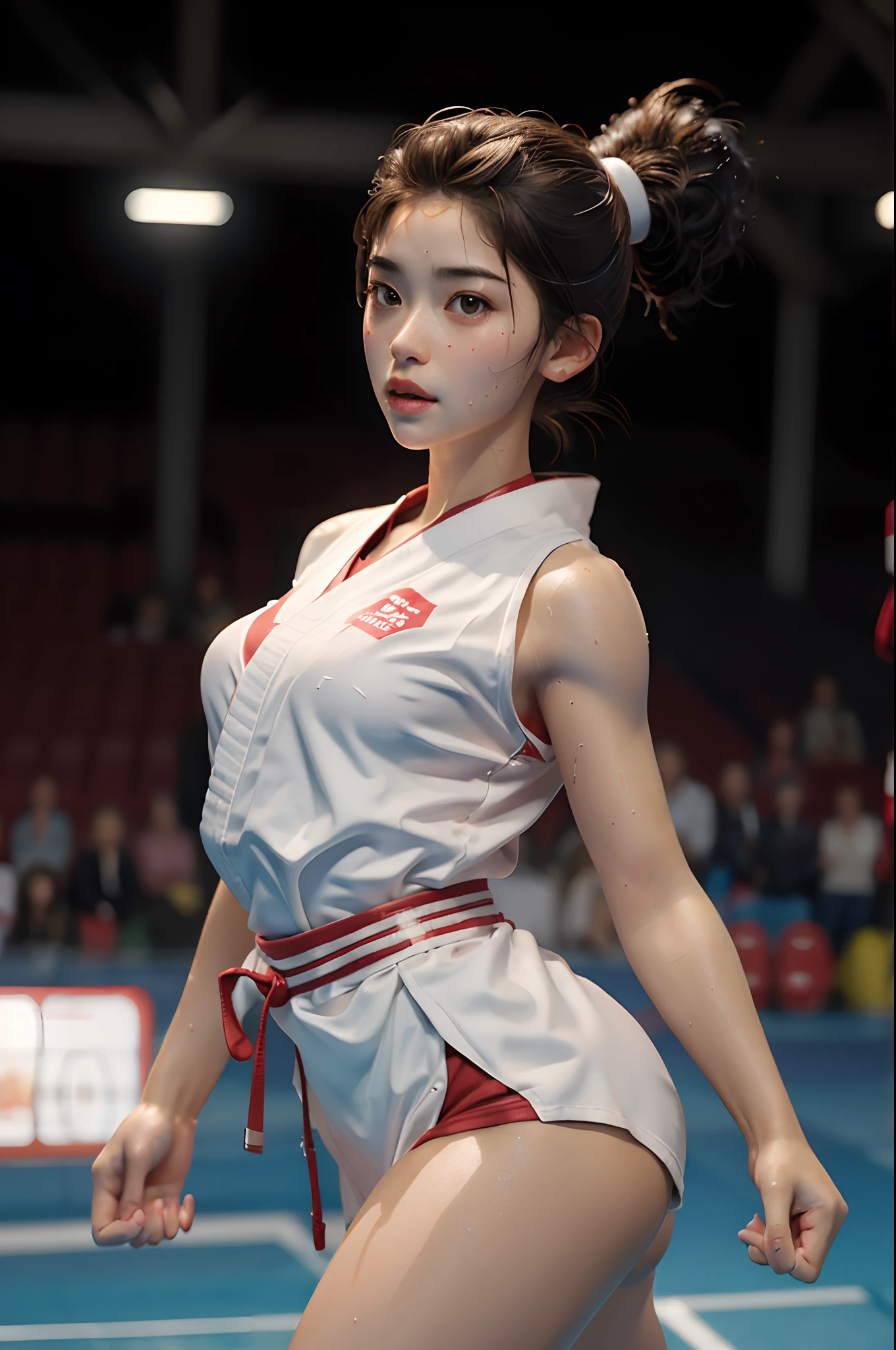(Best Quality,8K,hight resolution,masuter piece:1.2),Ultra-detailed,Realistic:1.37,Portrait,Dynamic Angle,(Female karate athletes) ,White kimono,age girl,small head,Cute,Sporty,Charming face,Detailed beauty face,Very realistic skin,Wet skin,Sweat,Large breasts,nice legs ,Sporty,Karate Venue ,Cinematic lighting,
