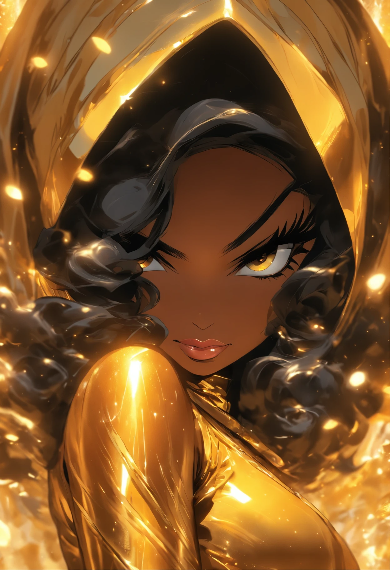 shiny, glamour shot of, bulbous, fluffy Arabian female with dark brown skin and black hair under a hijab and abaya wearing gold latex bodycon underneath, in the style of vibrant & explosive, romanticized figure, hip hop aesthetic, playfully intricate, 32k uhd, androgynous, thick paint, artgerm, nobuo sekine, joe madureira, rtx on, smooth and shiny, bulbous, transparent/translucent medium, epic in background
