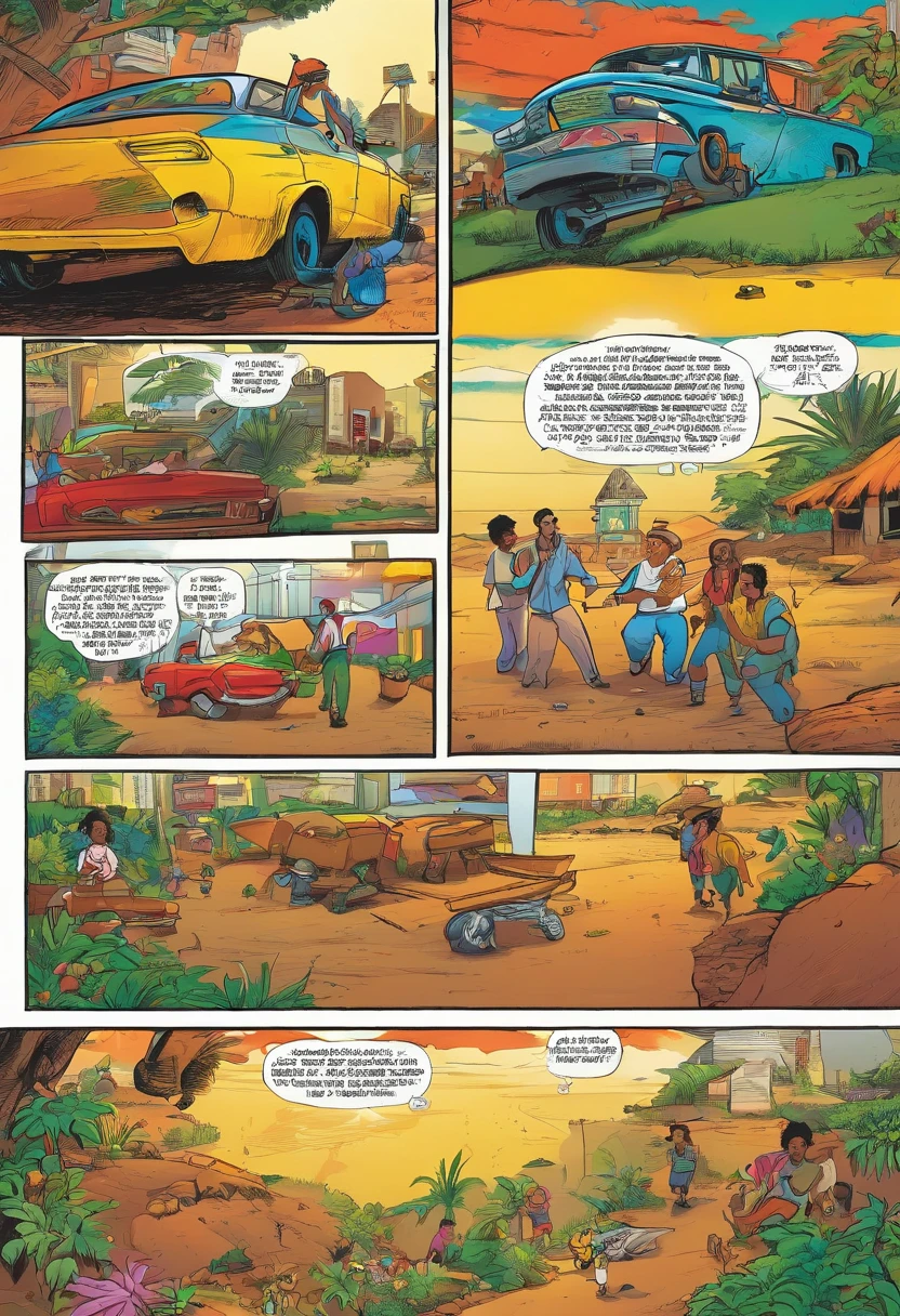 Quadrinhos americanos, The comic is presented in several irregular panels with colors. O negro comprando peixe na feira do Brasil
