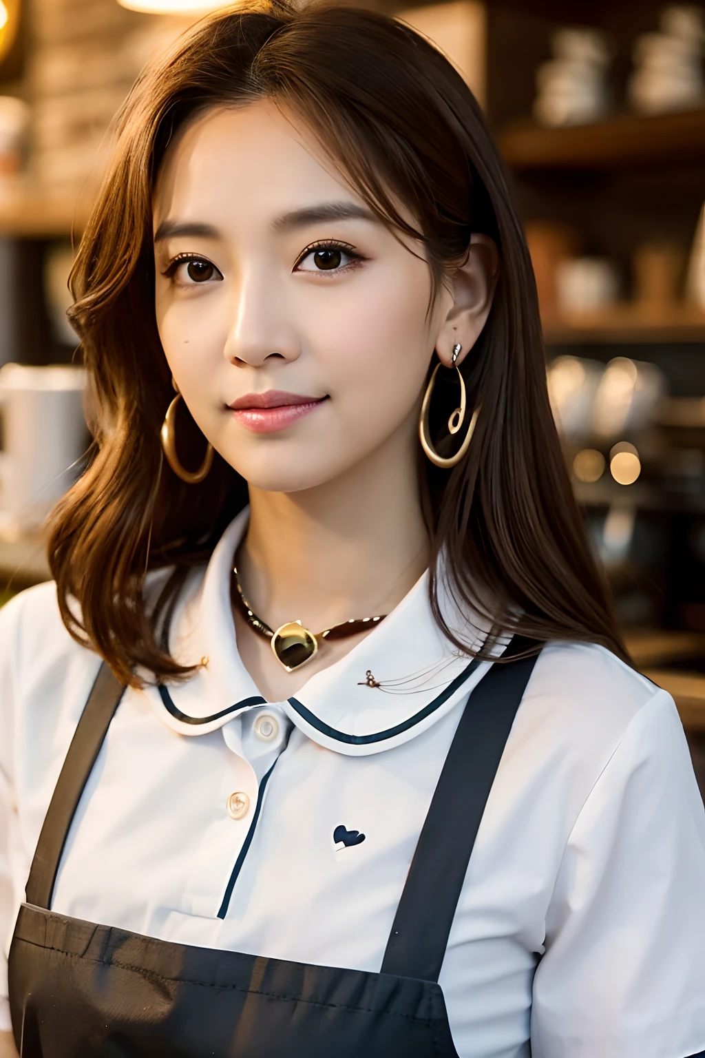 Works of masters，超高分辨率，8K分辨率，depth of fields，Exquisite facial features，Glowing skin，Girl，solo person，Barista，Watery eyes，Glowing eyes，ssmile，long whitr hair，A brown-haired，Wave head，heart-shaped hair ornament，Bracelet，Collar，hoop earings，Workplace uniforms，aprons，Fast food uniforms，Facing the viewer，Holding a mug，coffeehouse，Cinematic lighting