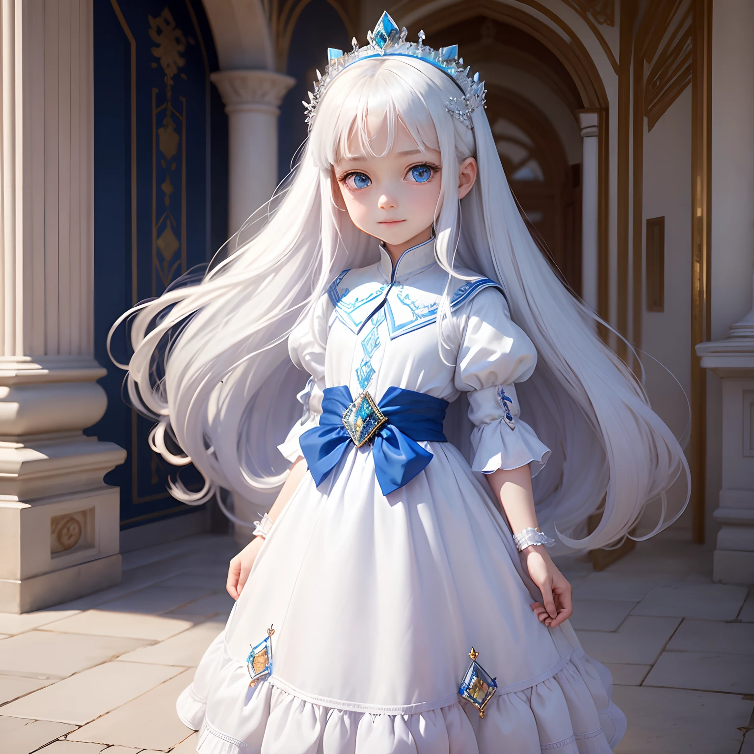 Background is Inside a palace, a beautiful girl name is May, 8-year-old girl with blue eyes, long white hair, wearing a white tunic, On the waist there is a small bag, Queuing up with other kids, Cheerful face, Standing in front of a blue diamond-shaped crystal, angled from behind