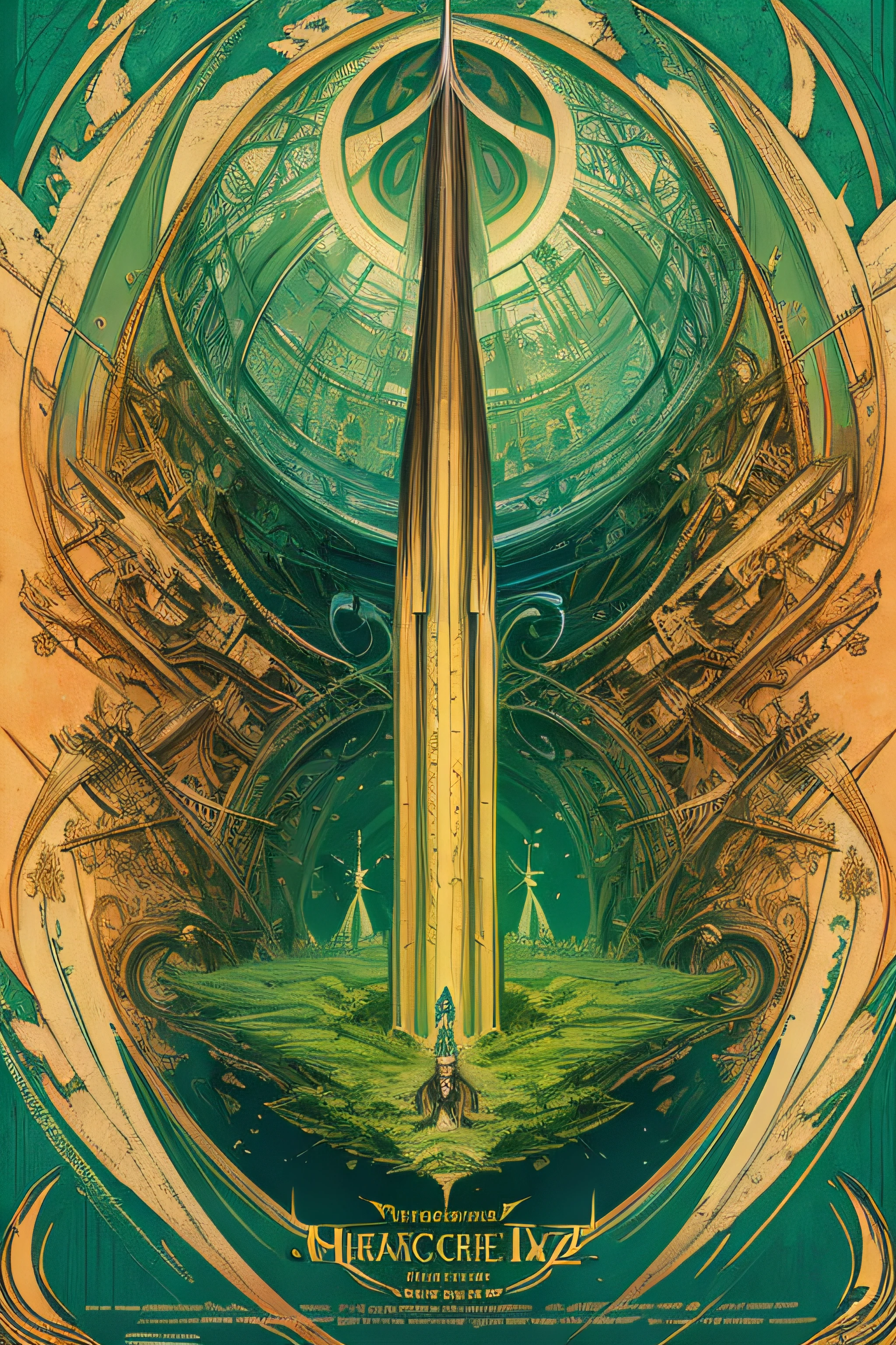 (Masterpiece, Best Quality), 8k Wallpaper, highly detailed, poster, The Wizard of Oz, Oz the Great and Powerful Wizard, green skin, flying broomstick, shapes, lines, abstract, propaganda, fantasy film, bauhaus, movie poster, vintage, low-angle shot,