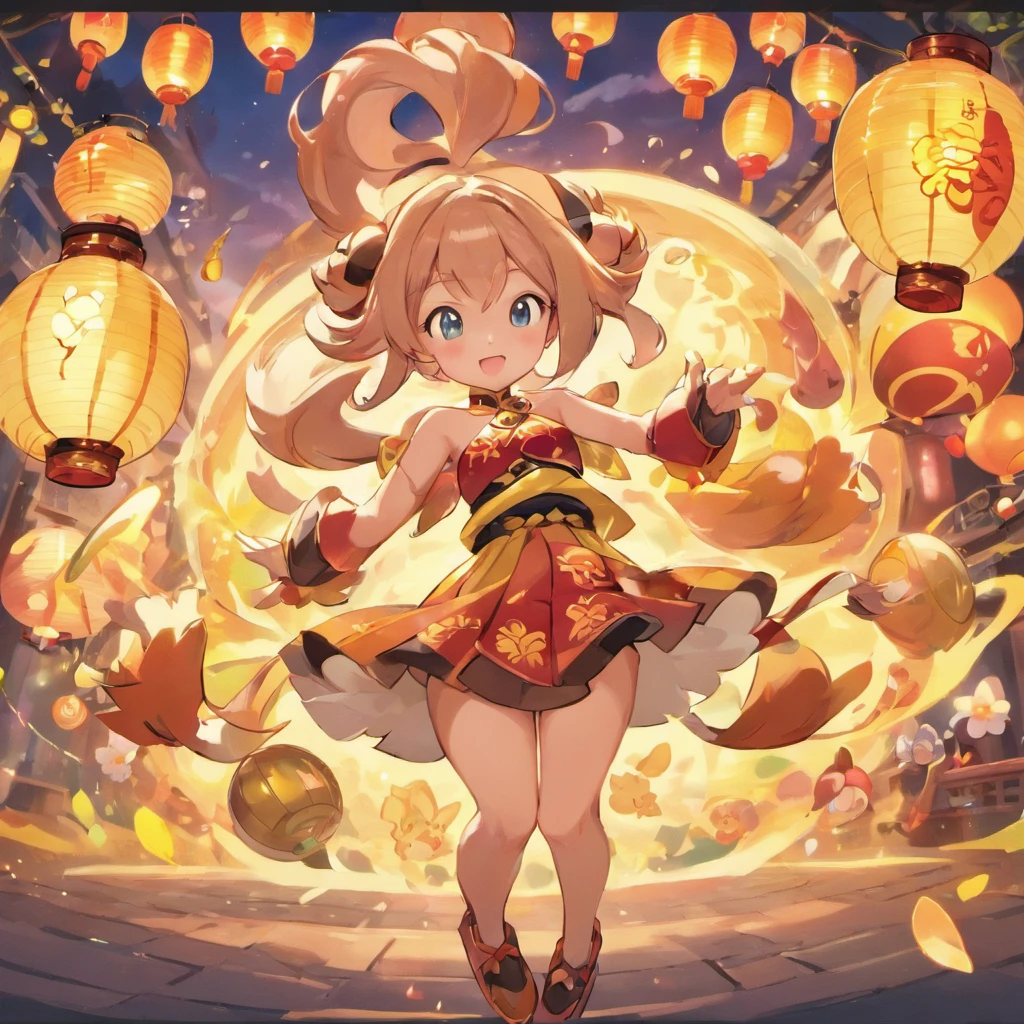 modern day，Cartoon little girl，Chinese big breasts，Taste of the year，Spring festival，lanterns，Cannon fight，