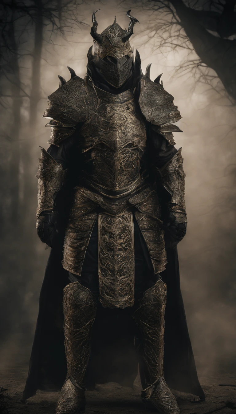 warrior, concept-art, Fantasy art, battleground background, clean render, a horned, Wear a suit of armor, Detailed bushido form smoke, helmet of a forgotten deity, character is standing, 8k Realistic, in game render, detailed face background detail, Art station front page, taur, Pseudo-medieval fantasy, A deity wearing koi armor, detailed bronze armor, Bronze armor, golden etched armor, gold obsidian armor, Light gold armor, Gorgeous filigree armor, A demonic warrior, Gorgeous armor full of thorns, Intricate assasin armor, Intricate metal armor, powerful warrior, Dressed in gorgeous gold armor,Decorated with intricate patterns, The helmet has a large crown and two horns,Glowing red eyes, Everything is in the dark, The smoky background hints at battle scenes, Add an ominous aura to his character,submission, Full body shot.