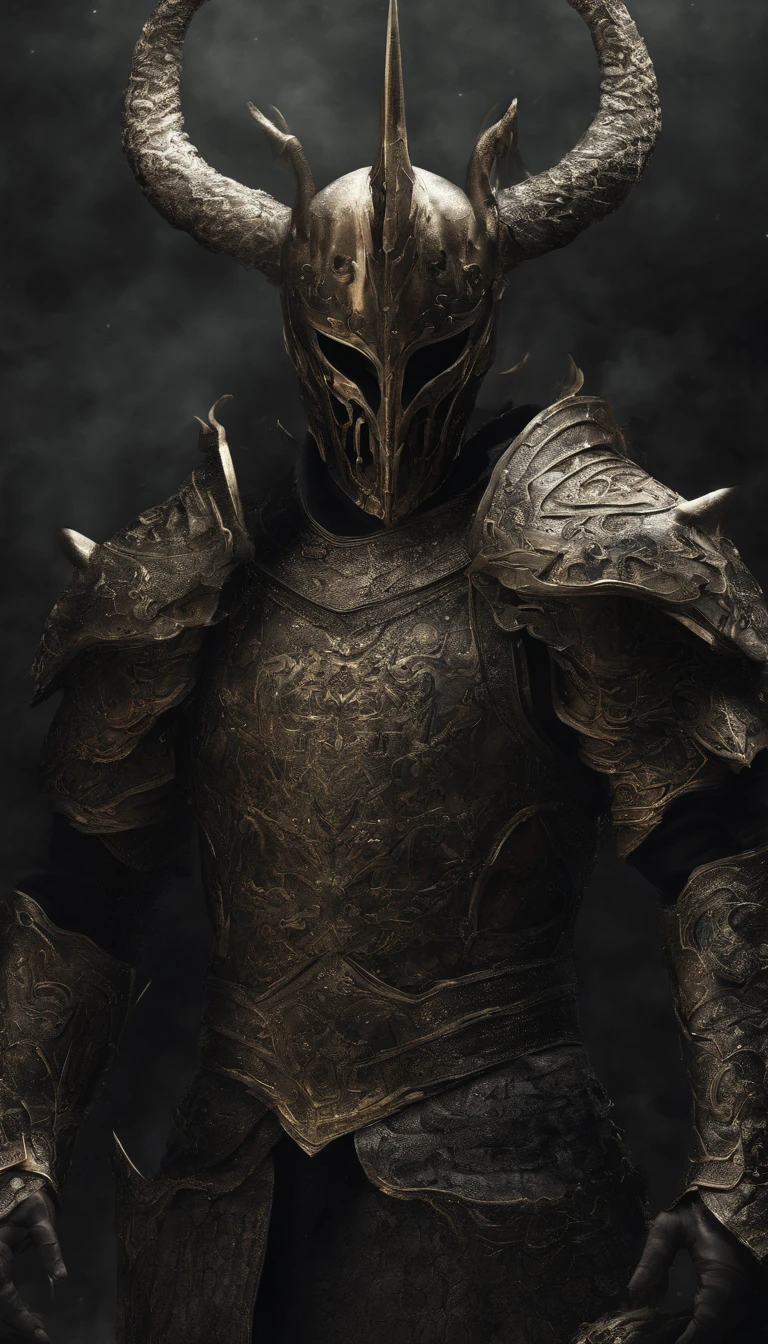 warrior, concept-art, Fantasy art, battleground background, clean render, a horned, Wear a suit of armor, Detailed bushido form smoke, helmet of a forgotten deity, character is standing, 8k Realistic, in game render, detailed face background detail, Art station front page, taur, Pseudo-medieval fantasy, A deity wearing koi armor, detailed bronze armor, Bronze armor, golden etched armor, gold obsidian armor, Light gold armor, Gorgeous filigree armor, A demonic warrior, Gorgeous armor full of thorns, Intricate assasin armor, Intricate metal armor, powerful warrior, Dressed in gorgeous gold armor,Decorated with intricate patterns, The helmet has a large crown and two horns,Glowing red eyes, Everything is in the dark, The smoky background hints at battle scenes, Add an ominous aura to his character,submission, Full body shot.