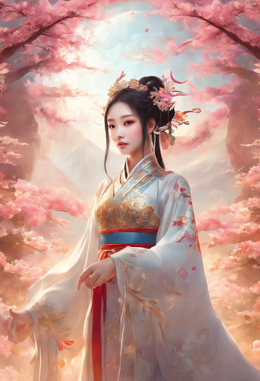 A girl, ancient Chinese costume, whole body, sunshine, clear face, clean white background, masterpiece, super detail, epic composition, ultra HD, high quality, extremely detailed, official art, uniform 8k wallpaper, super detail, 32k