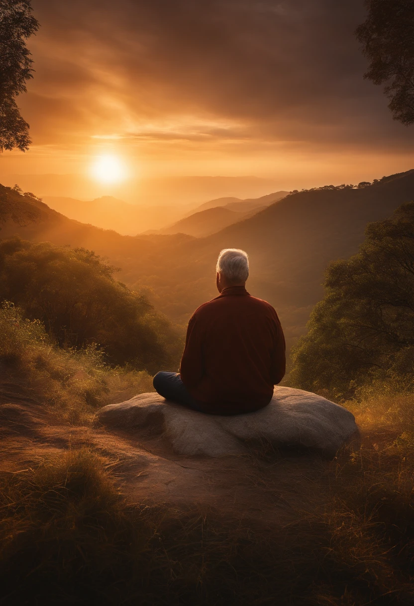 yang man sitting in meditation position, contemplando um horizonte lindo com o sol se pondo, Man is in deep connection with the divine, The landscape is ultra detailed, homem ultra realista, tudo bem detalhado e lindo, ultra qualidade. Realismo 8K