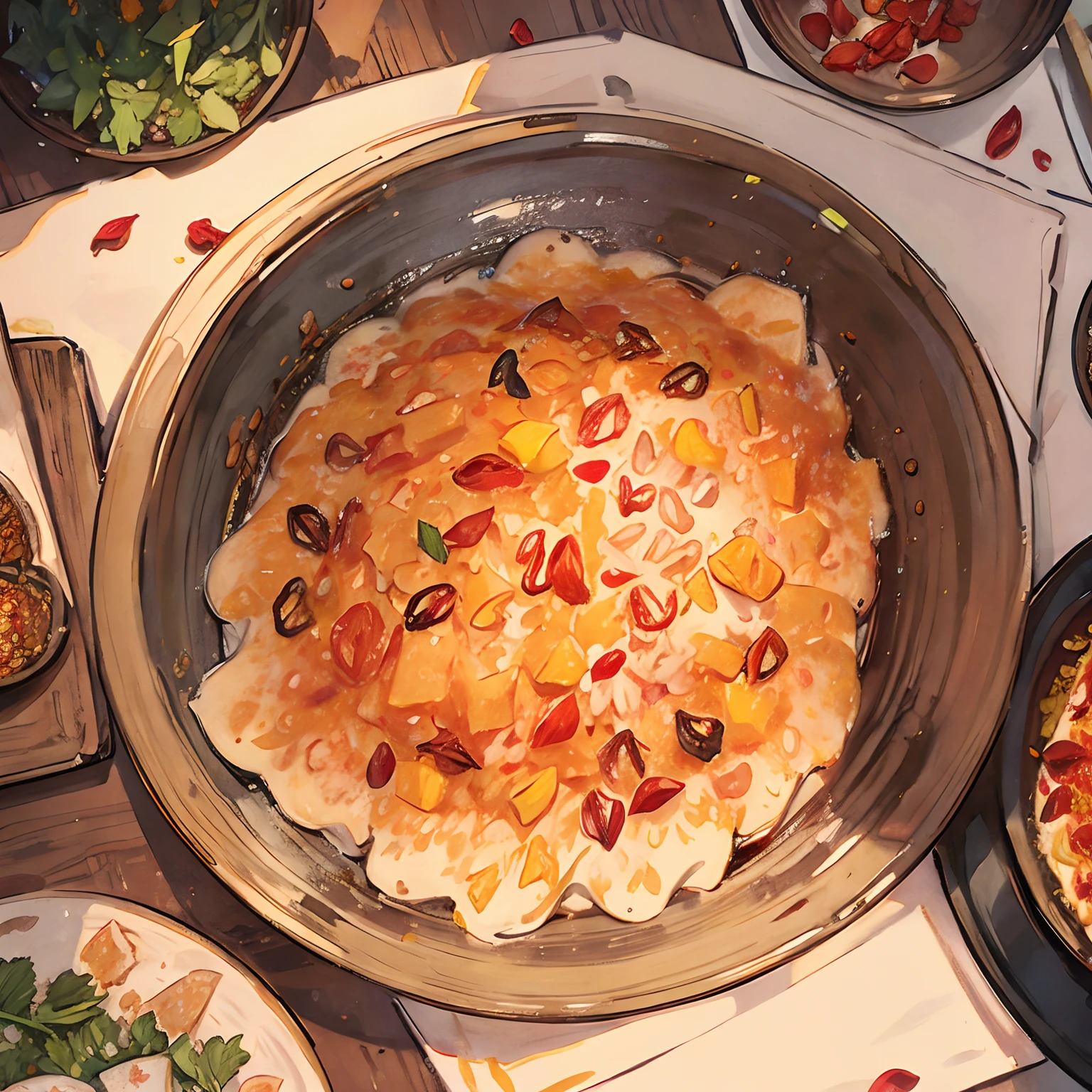 curry、curry rice、flower petals、spices、chili pepper、Flesh、Prosciutto、cheese