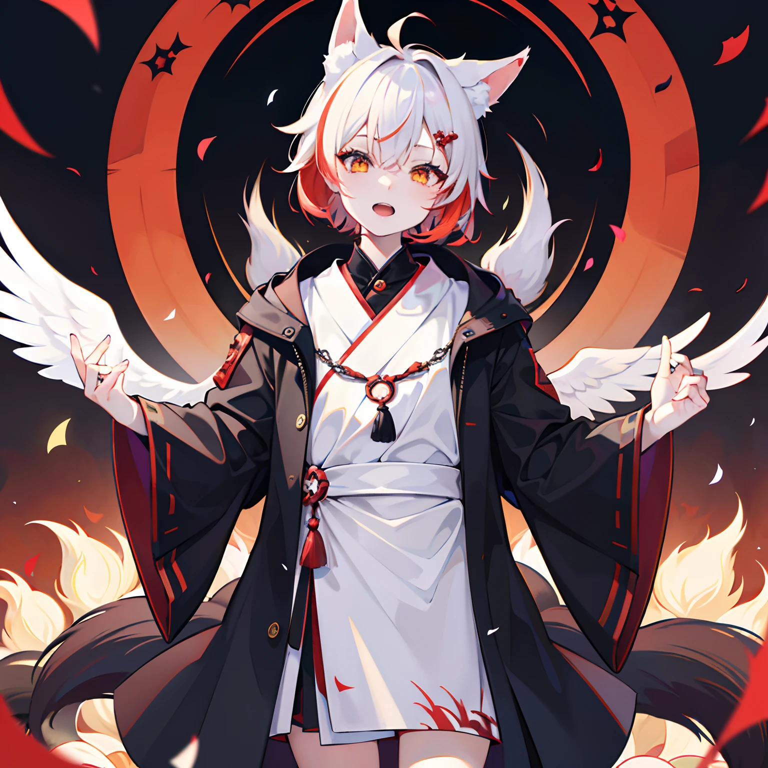 Background black,Confetti,shrines,foxes,Short-haired boy,Circle of Angels,Nine Tails,Demon Fox,
