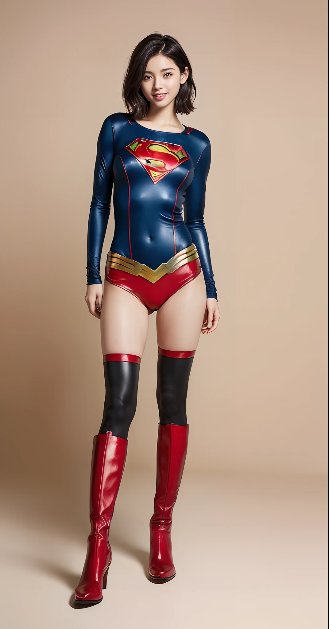 (((Wear black tights on your beautiful legs.)))、(((Grow legs、tall、beauty legs)))、(((facial expression of smile)))、((((Make the most of the original image)))、(((Supergirl Costume)))、(((Beautiful short hair)))、(((Suffering)))、(((Feet must necessarily be worn with black tights)))、(((You need to wear red boots)))、((Top image quality、8K))、((top-quality、8K、masterpiece:1.3))、(((Keep your background simple)))、Crisp focus:1.2、Beautiful woman with perfect body shape:1.4、Slender Abs:1.2、Highly detailed facial and skin texture、8K、Asian Beautiful Girl