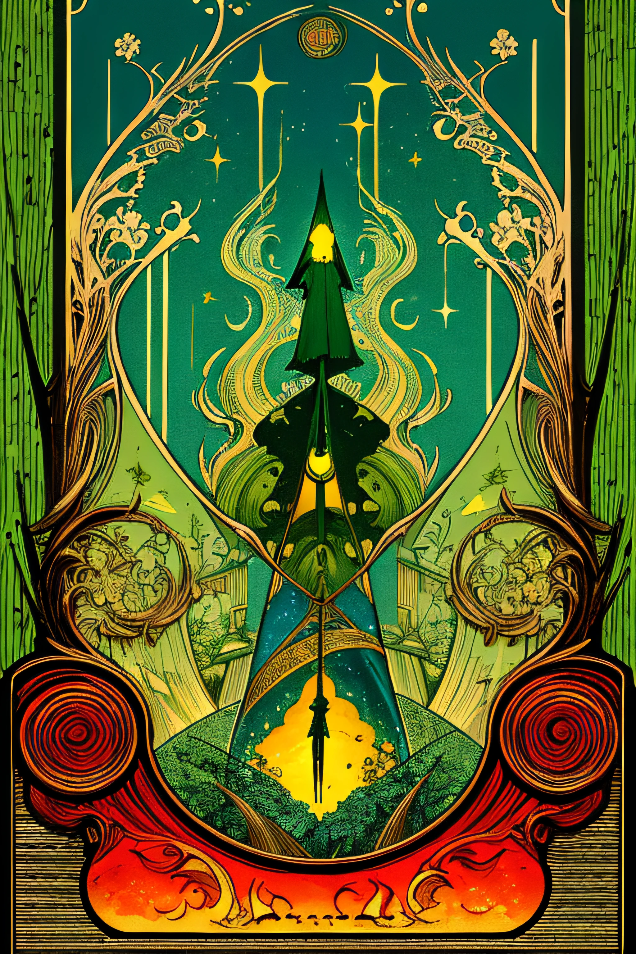 (Masterpiece, Best Quality), 8k Wallpaper, highly detailed, poster, The Wizard of Oz, Oz the Great and Powerful Wizard, green skin, flying broomstick, shapes, lines, abstract, propaganda, fantasy film, bauhaus, movie poster, vintage, low-angle shot,
